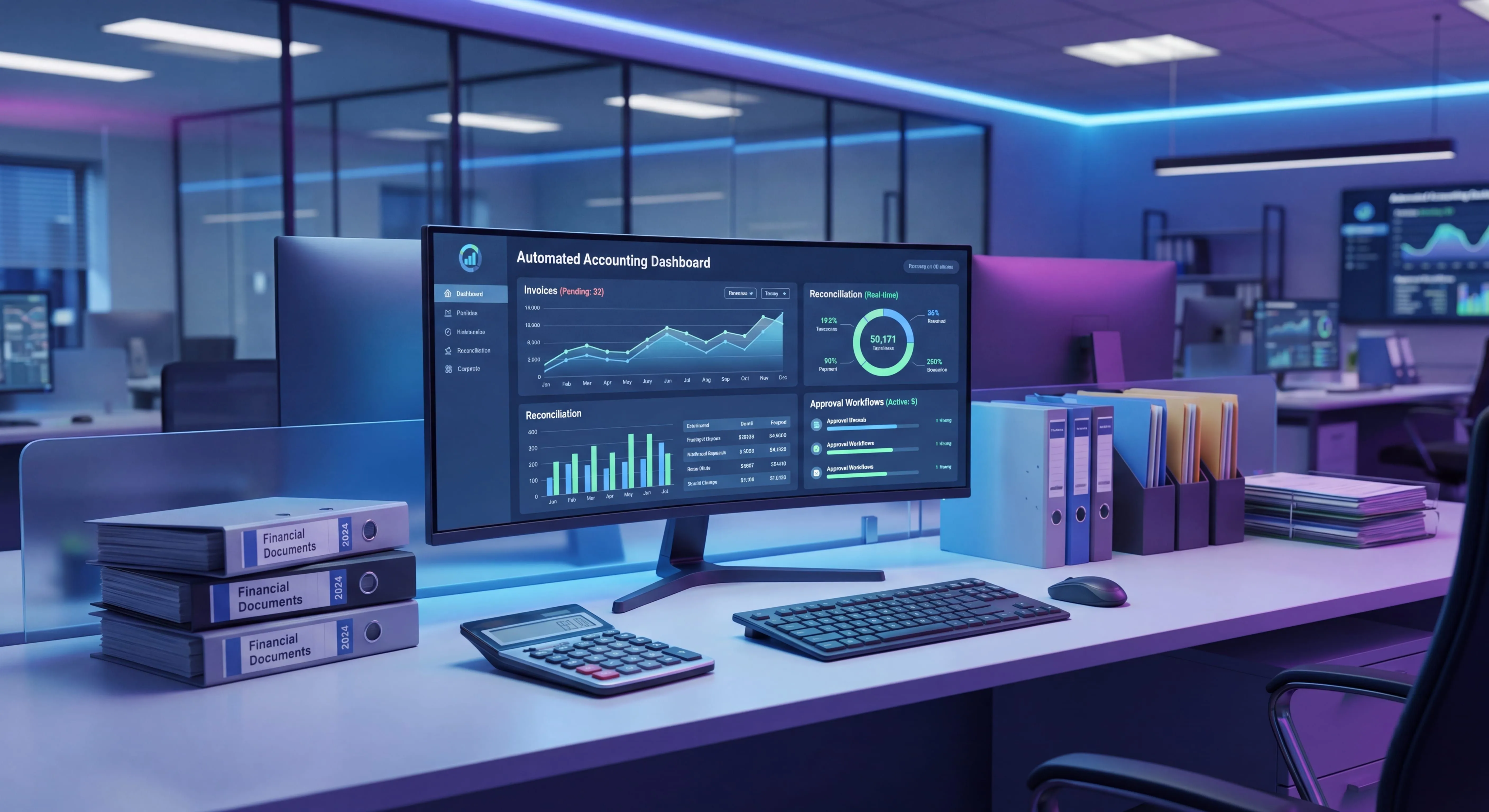 Finance leader reviewing automated accounting workflows on a dashboard with invoices and reconciliation data
