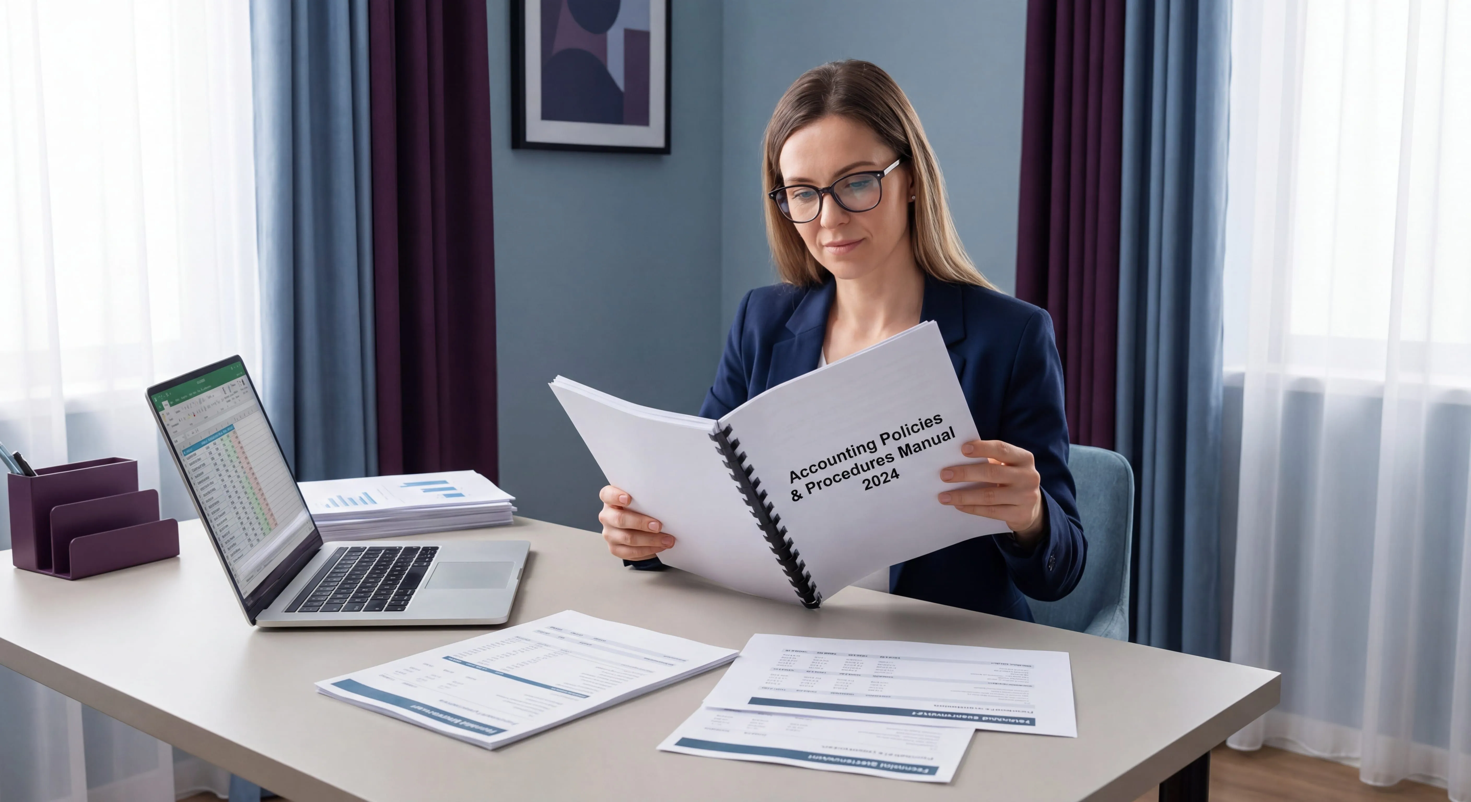 Controller reviewing an accounting manual with policies and procedures on a desk with financial documents