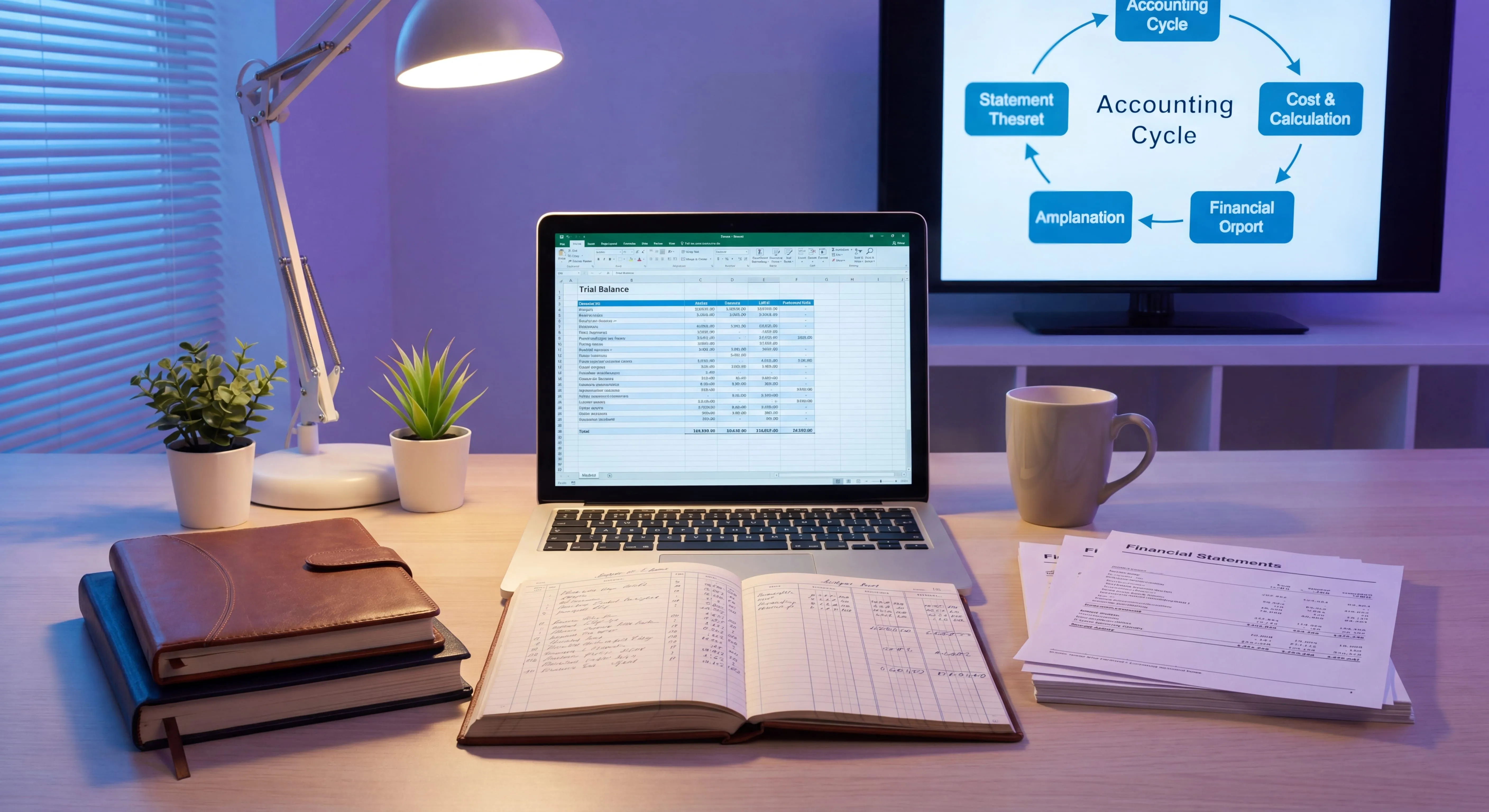 The accounting process and accounting cycle steps shown across a finance team desk with journals, ledgers, and financial statements