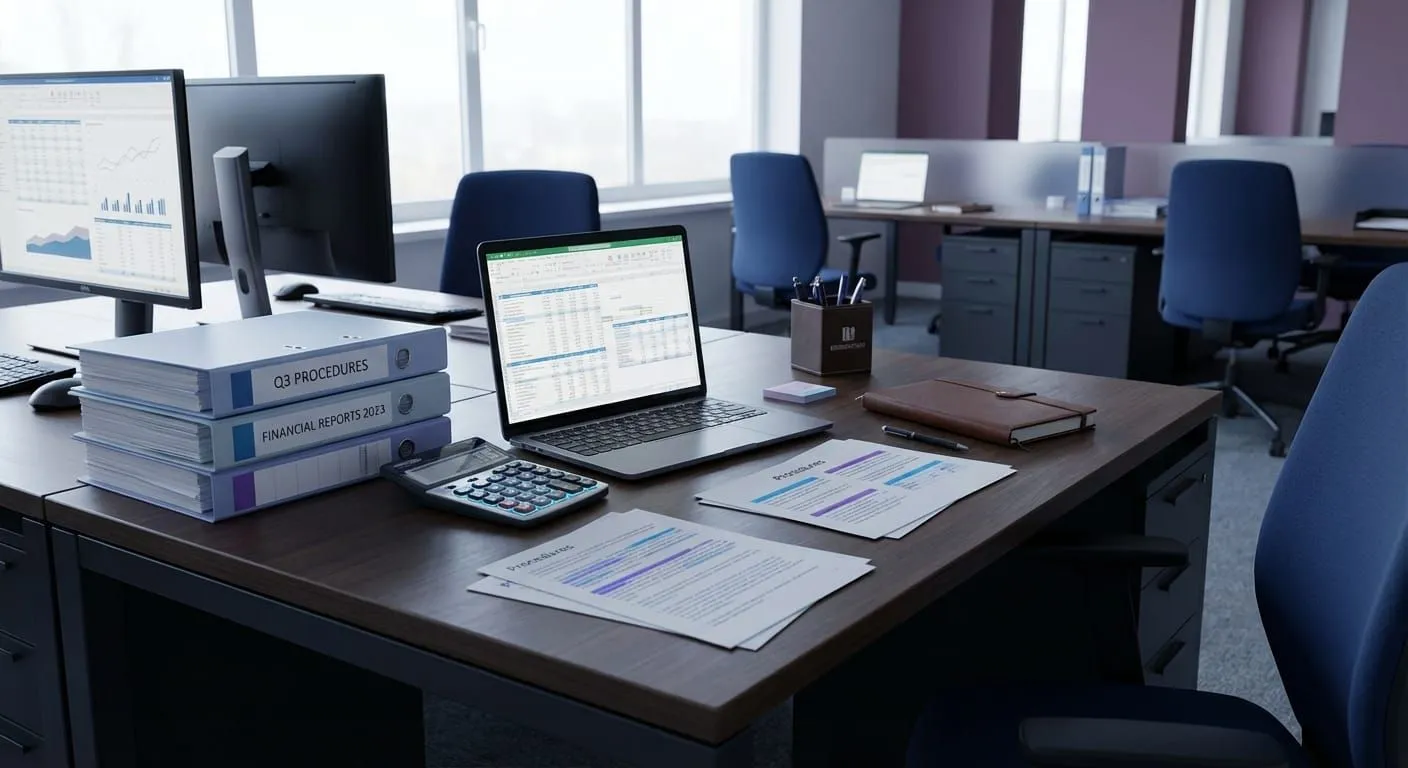 Accounting workspace with spreadsheets, calculator, and organized financial procedure documents