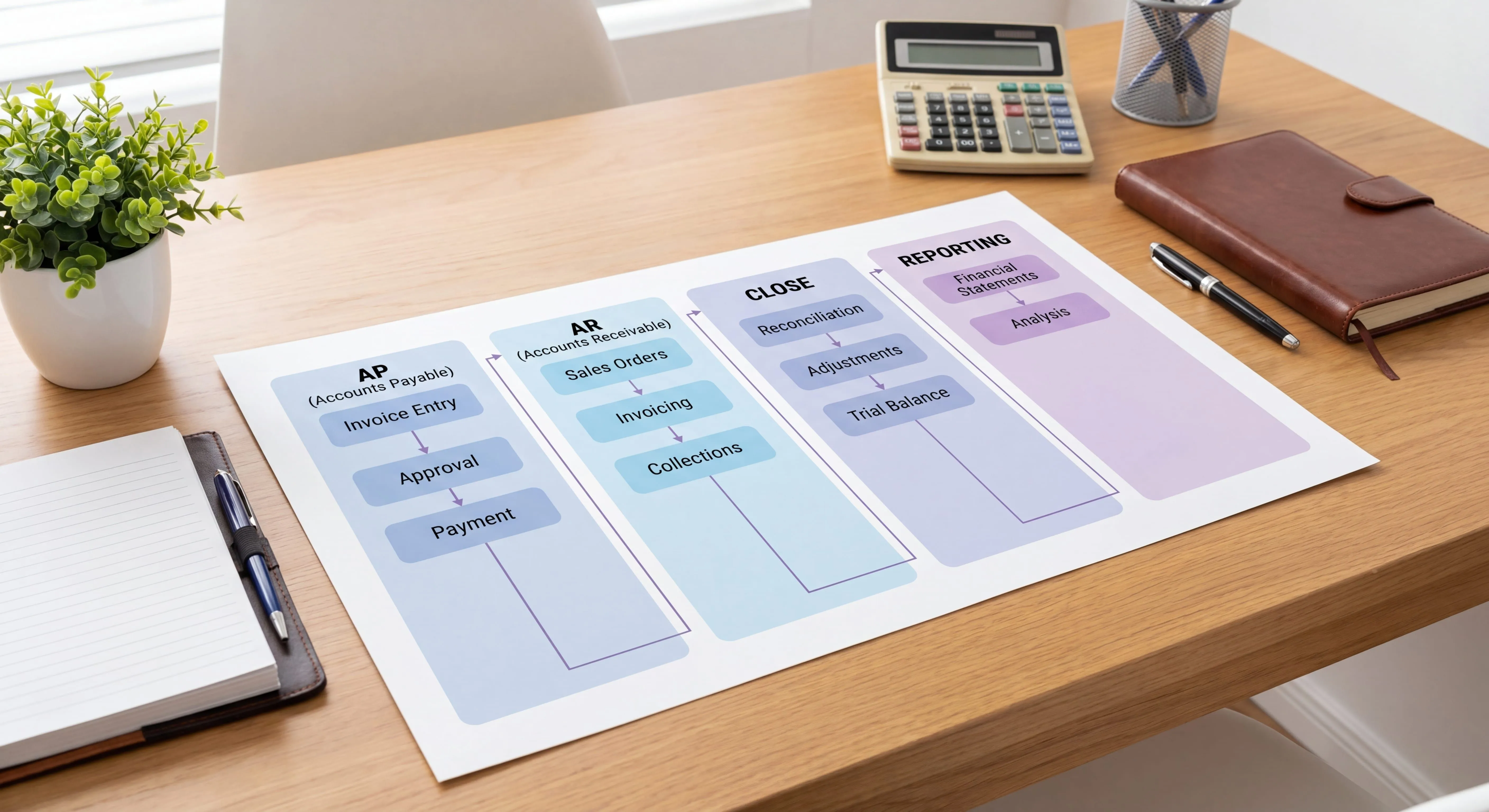 Accounting workflow diagram showing AP, AR, month-end close, and reporting steps on a finance desk