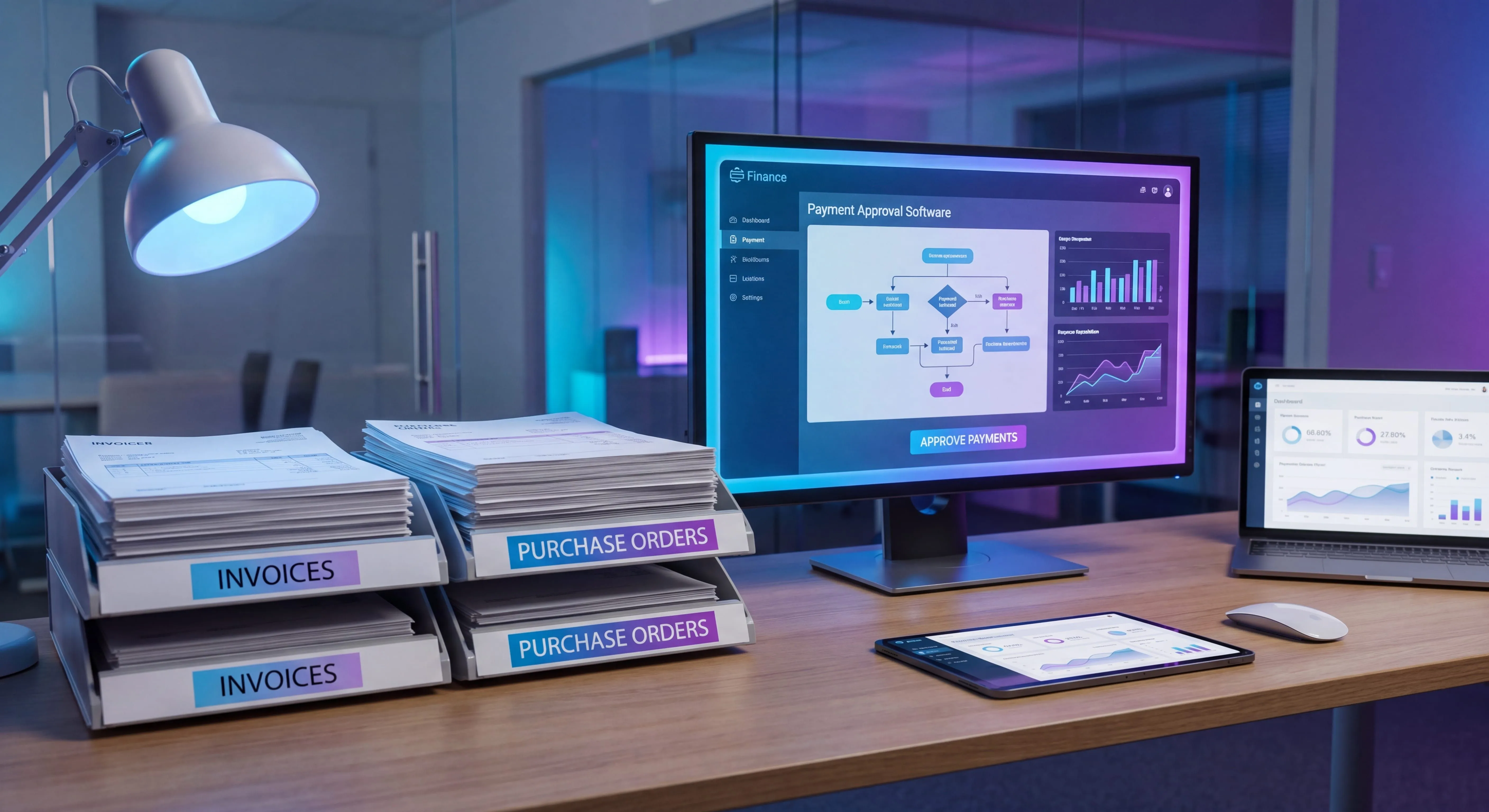 Accounts payable process workflow with invoices, purchase orders, and payment approvals on a finance team desk