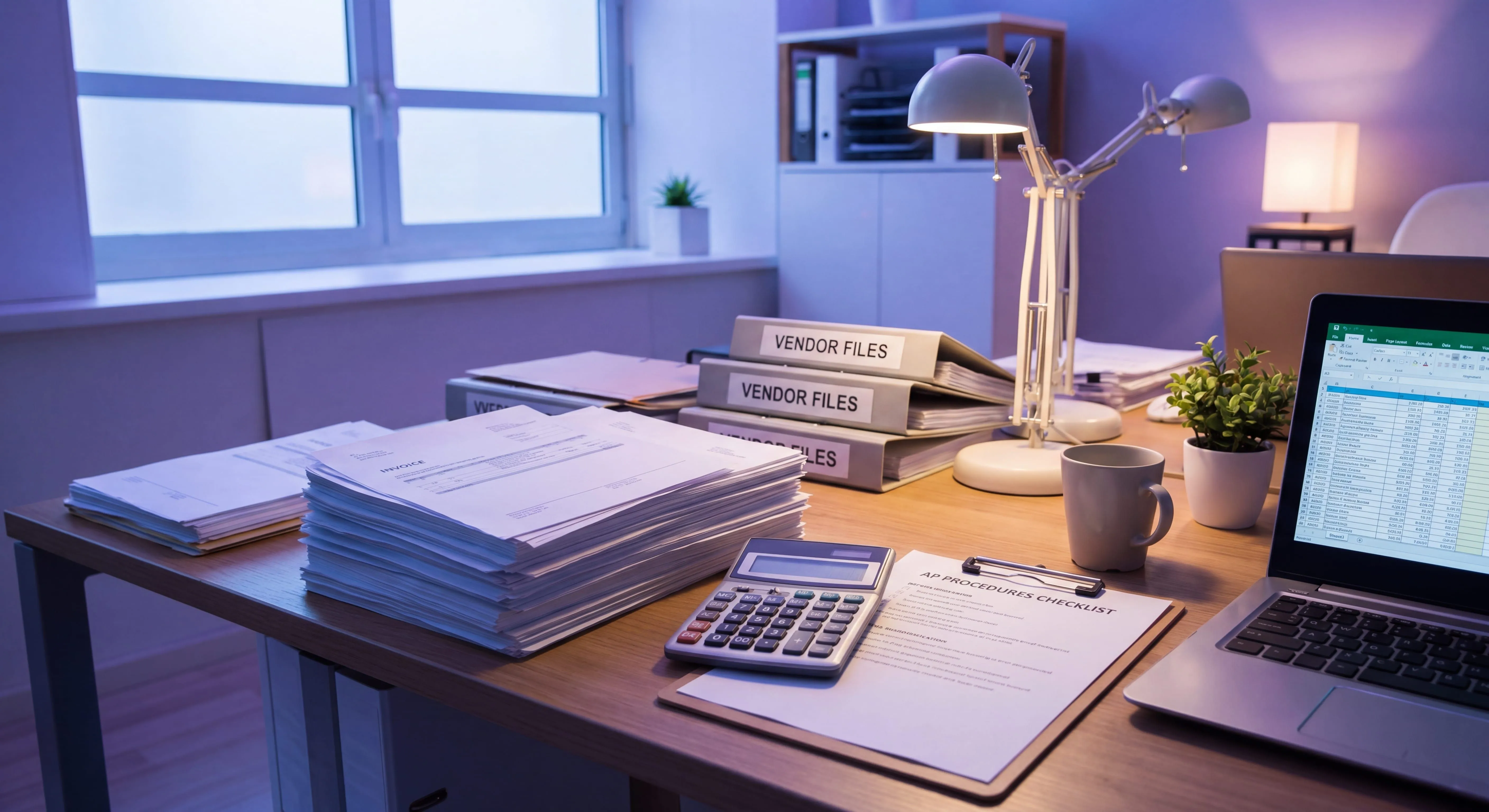 Accounts payable SOP workspace with invoices, vendor files, and process documentation on a desk
