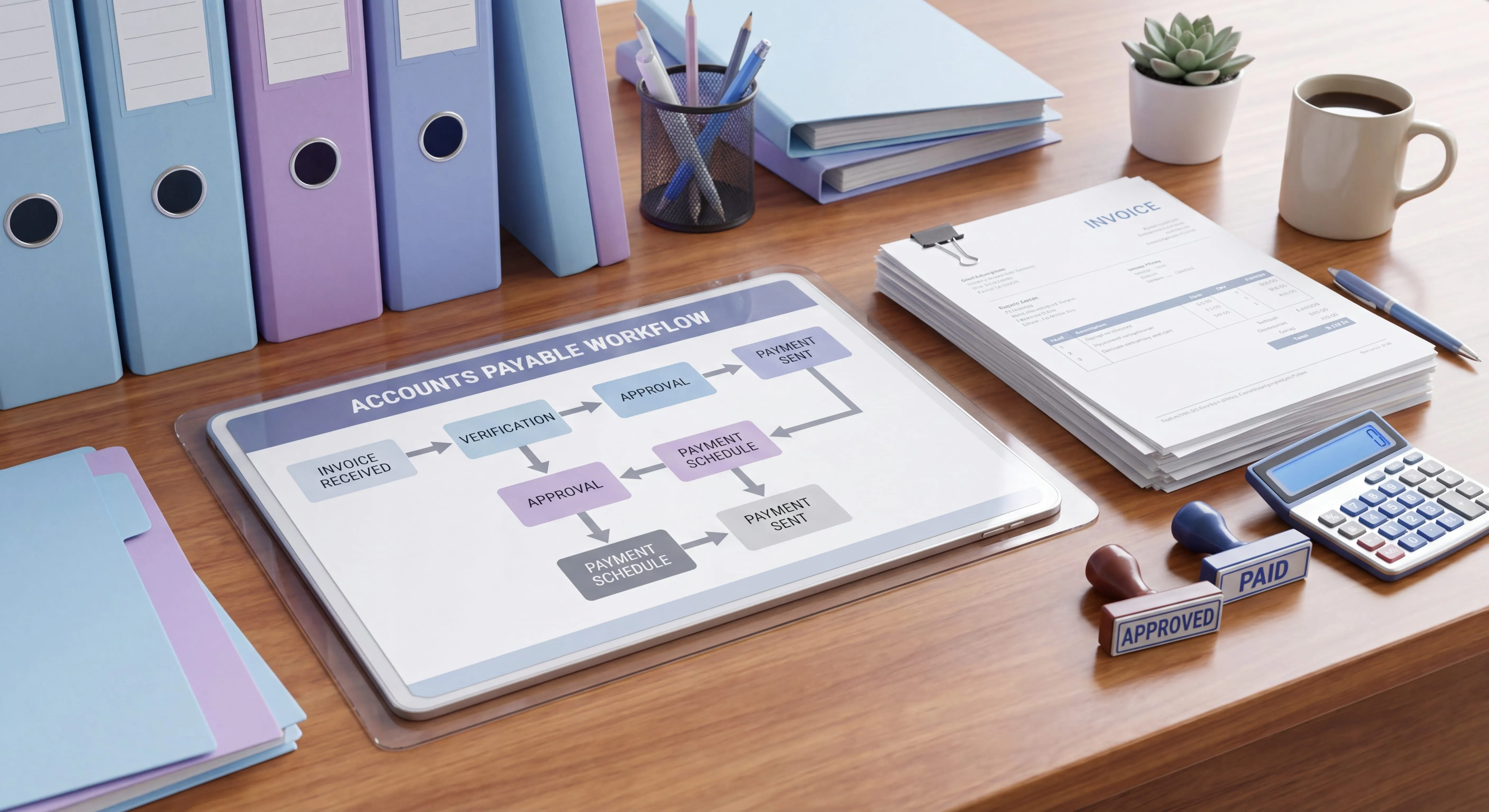 Accounts payable workflow diagram with invoices, approval routing, and payment steps on a finance desk