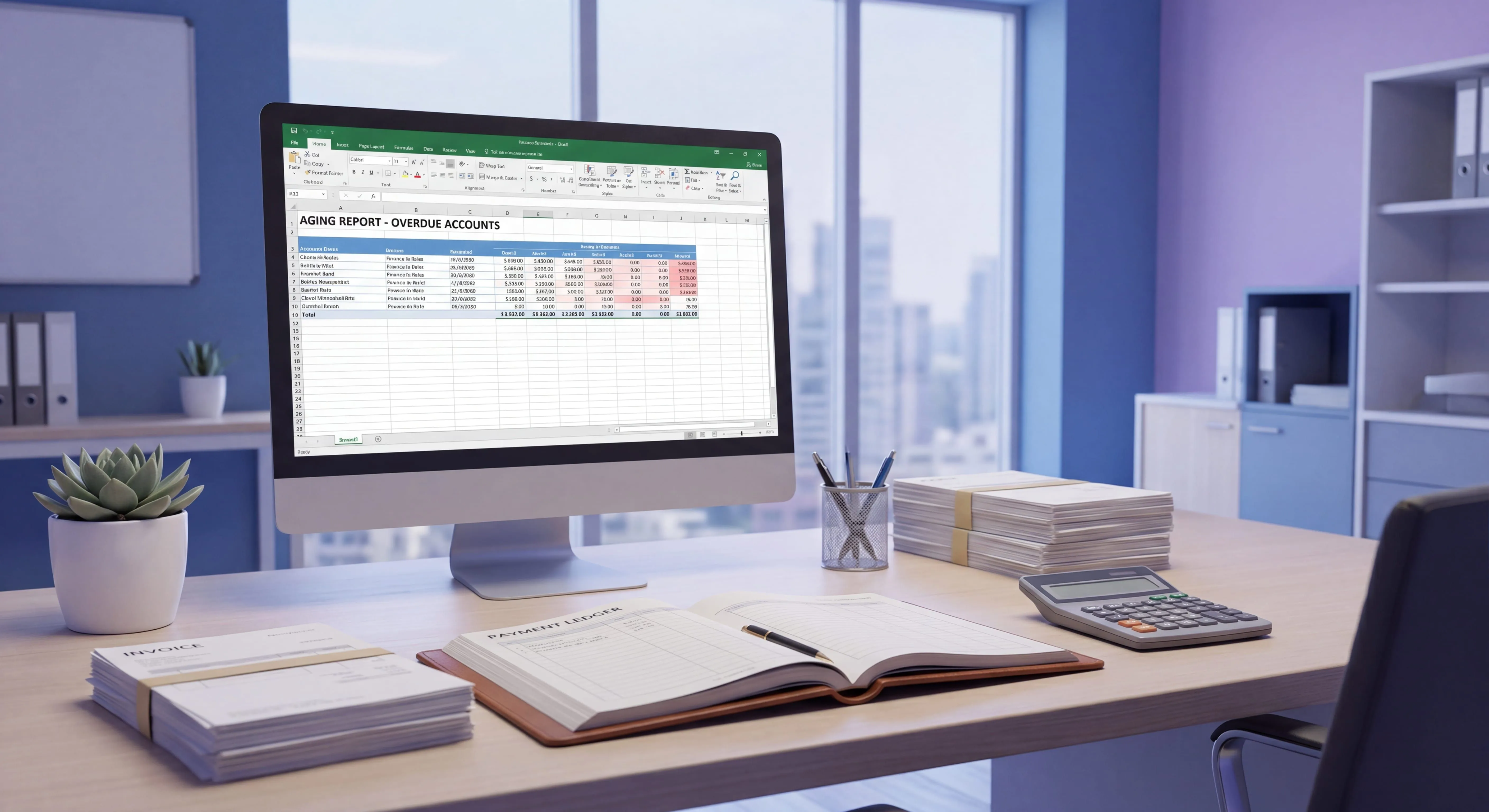 Accounts receivable process workspace with invoices, aging reports, and a payment ledger on a desk