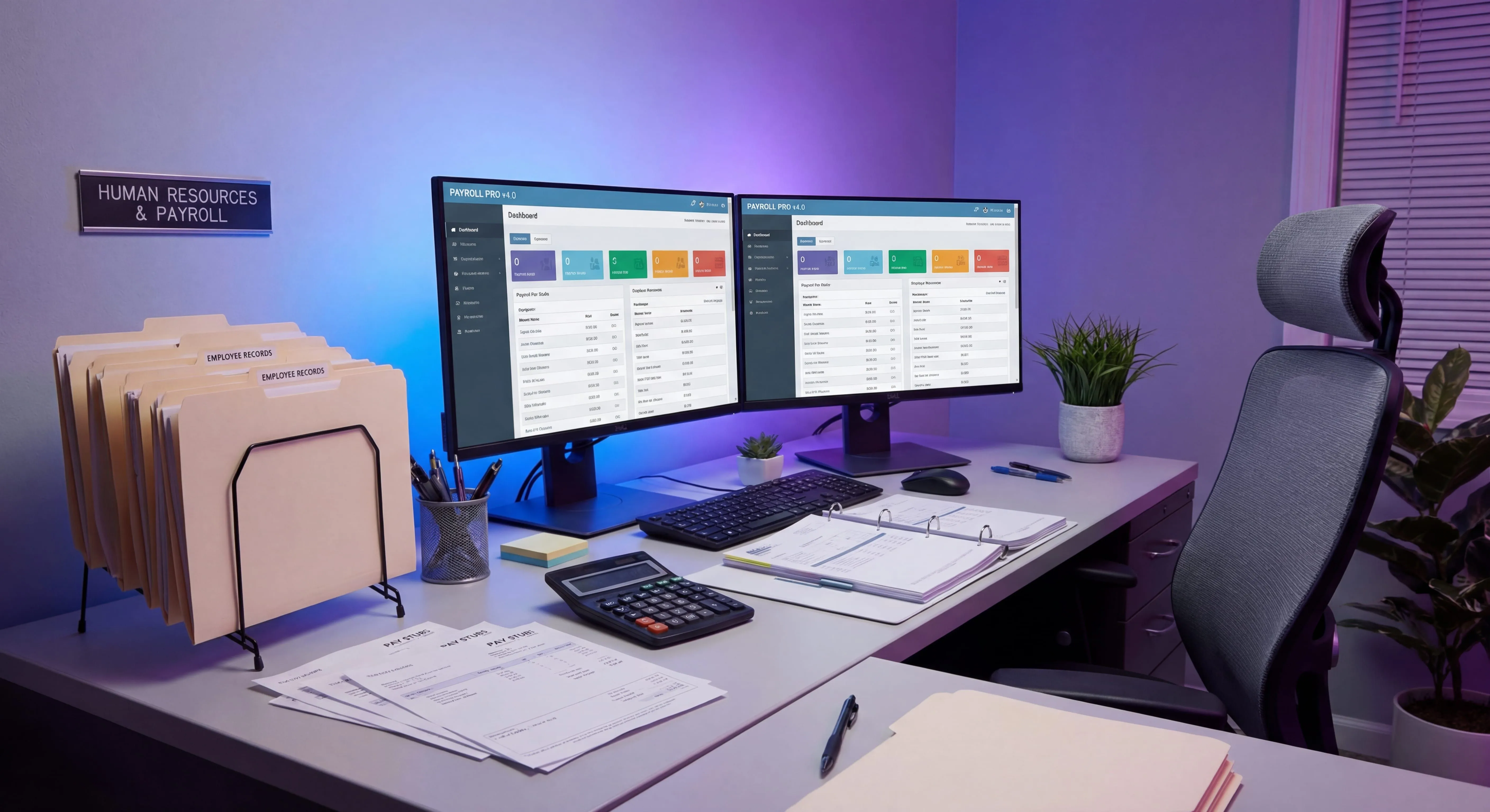HR and payroll office workspace with ADP payroll software on screen and employee records visible