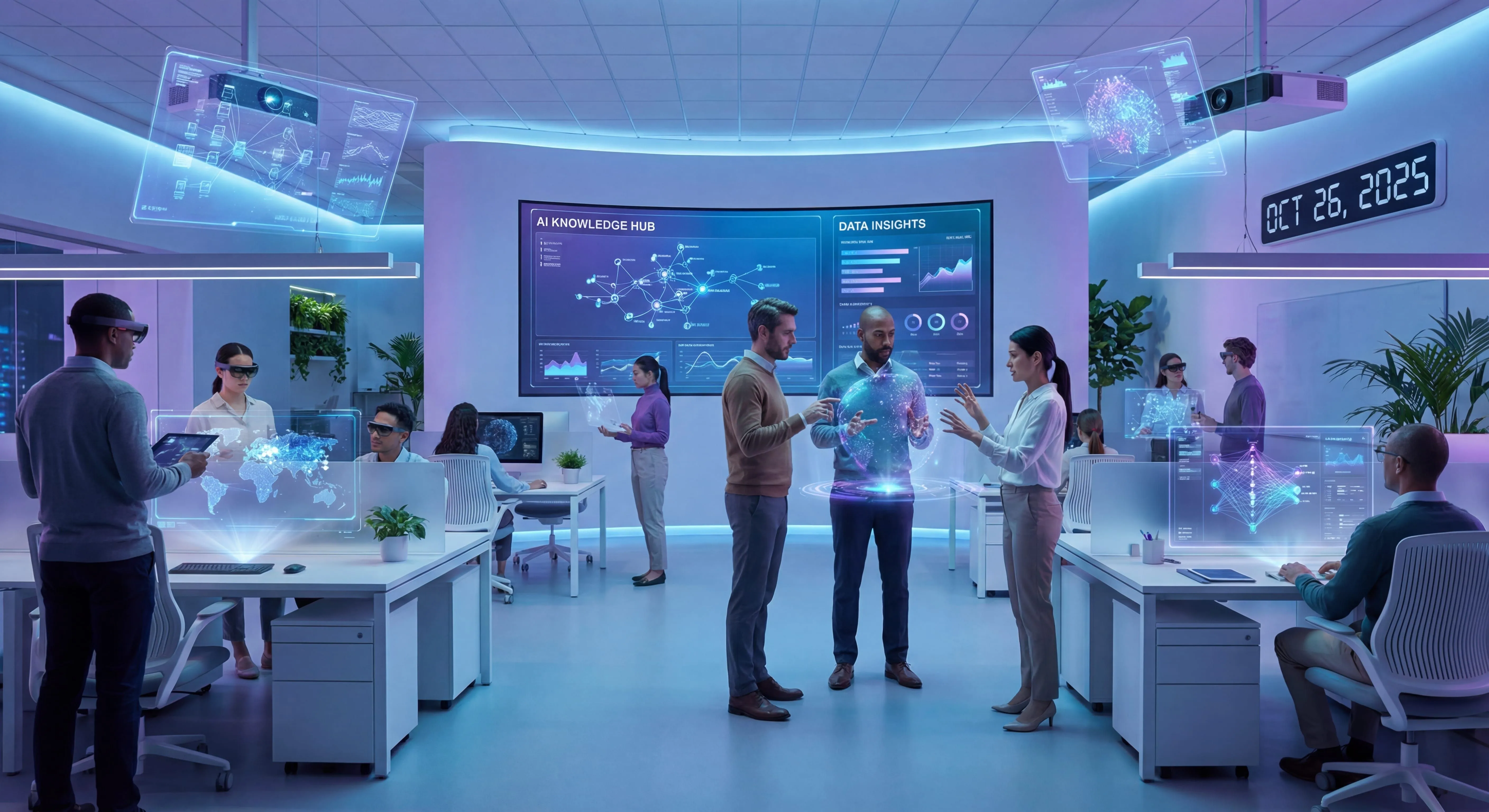 AI knowledge management system with digital interfaces analyzing data for intelligent knowledge sharing and automation