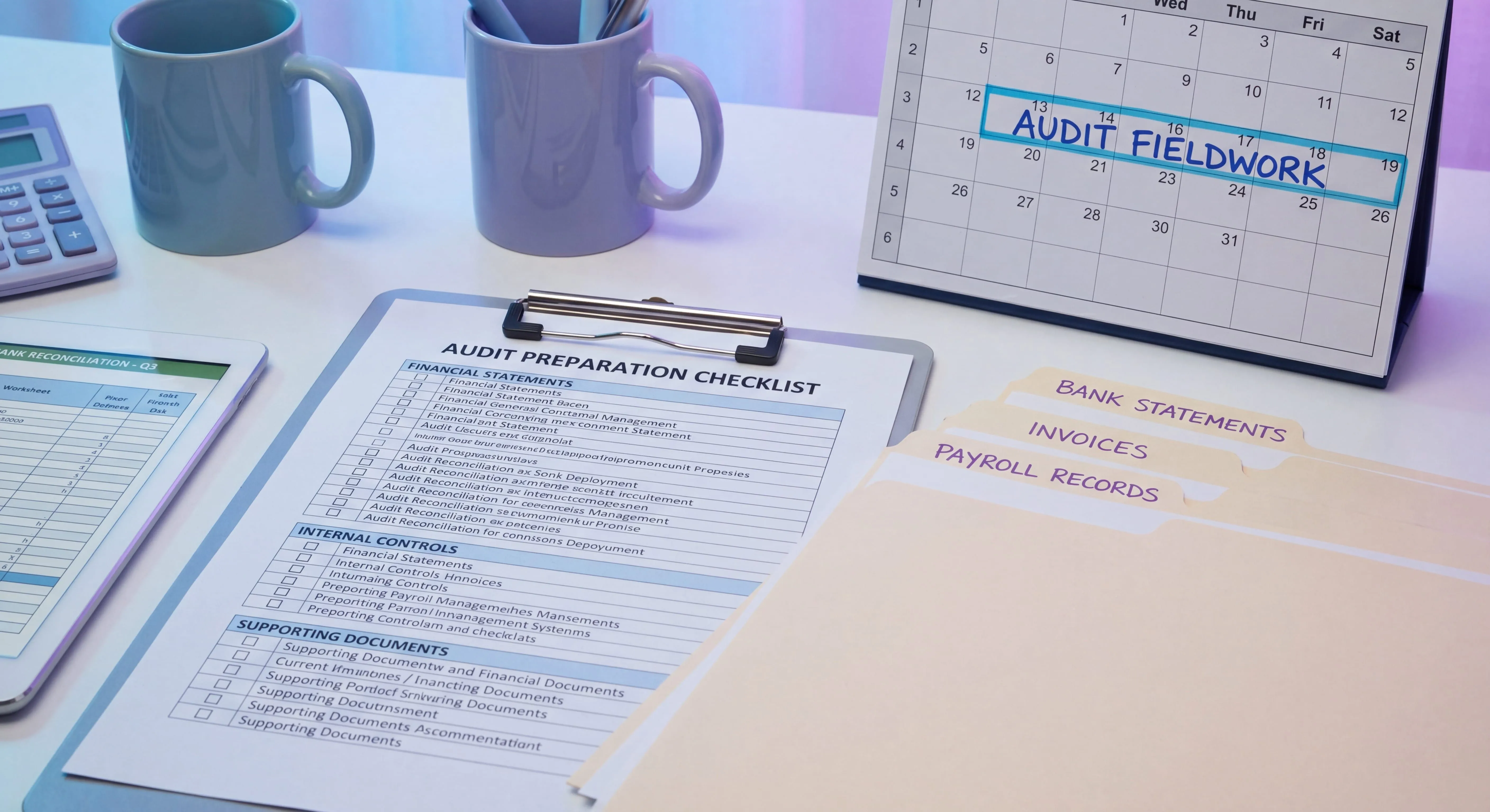 Audit preparation checklist organized by area with PBC documents and reconciliations on a controller's desk
