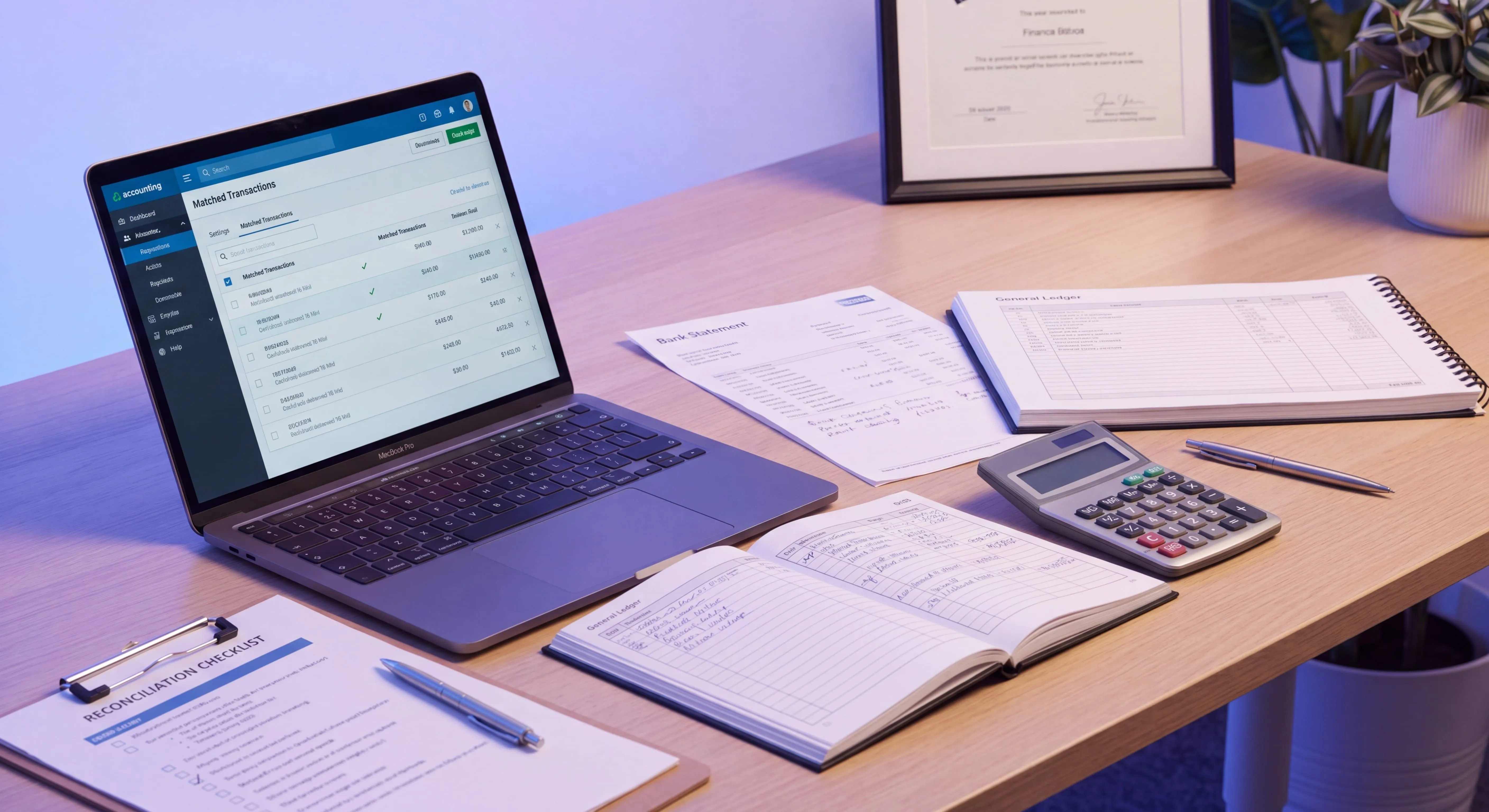Bank reconciliation process with a bank statement, ledger, and accounting software matching transactions on a desk