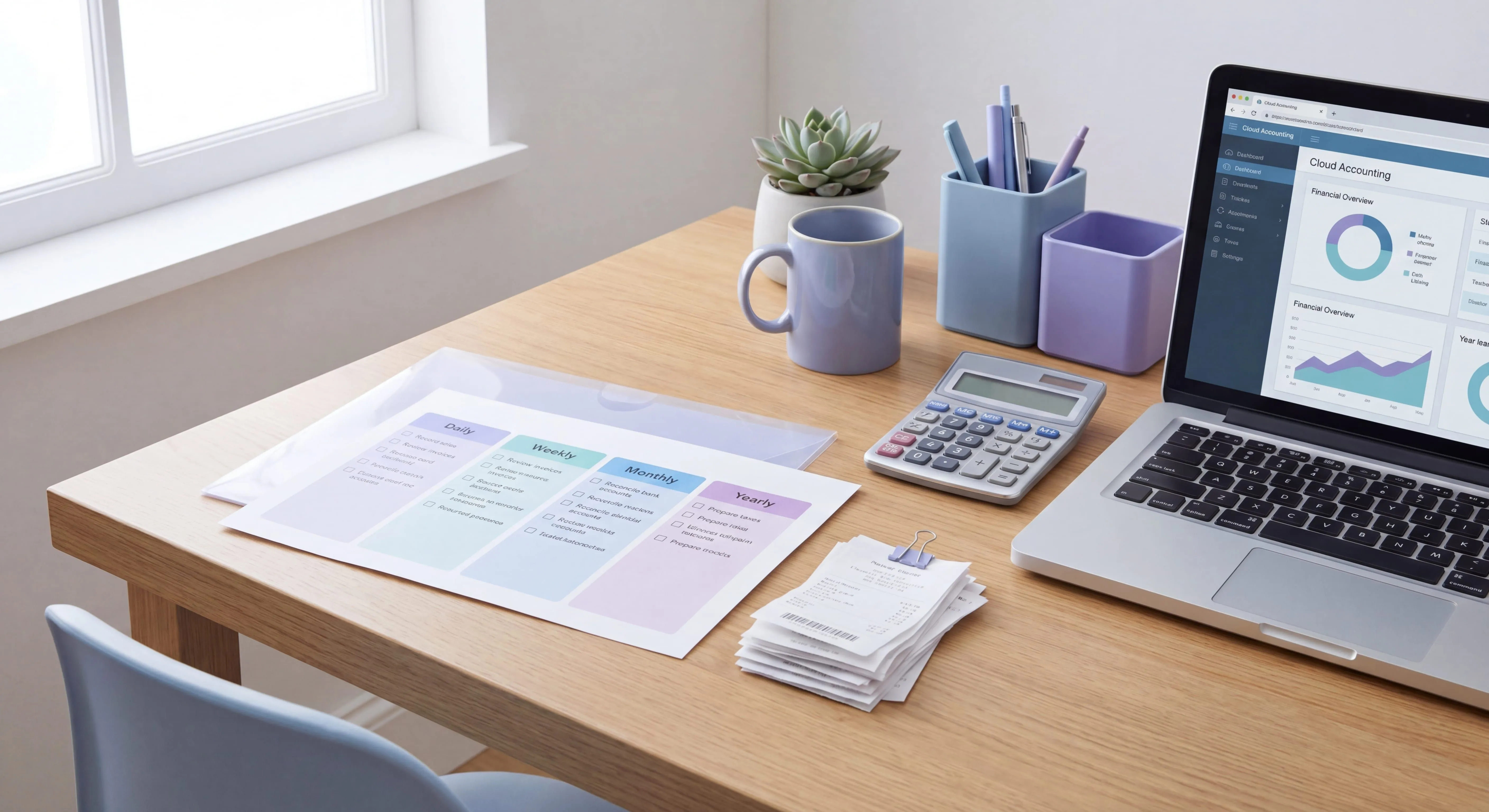 Bookkeeping checklist organized by daily, weekly, monthly, and yearly tasks on a small-business owner's desk