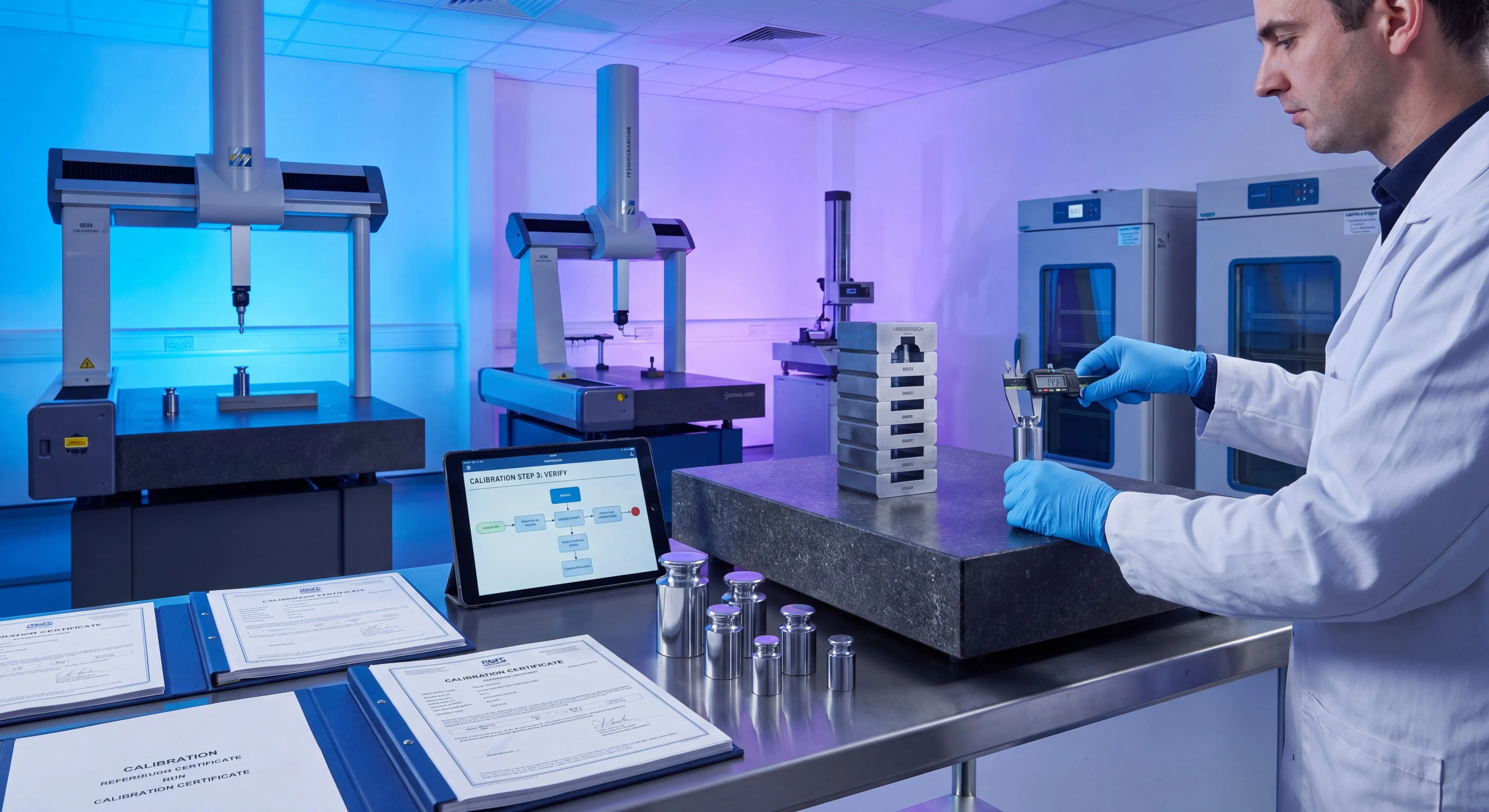 Technician calibrating a measuring instrument against a reference standard while following a documented calibration procedure