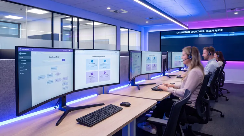 Call center agents using knowledge management tools and knowledge base software on multiple screens