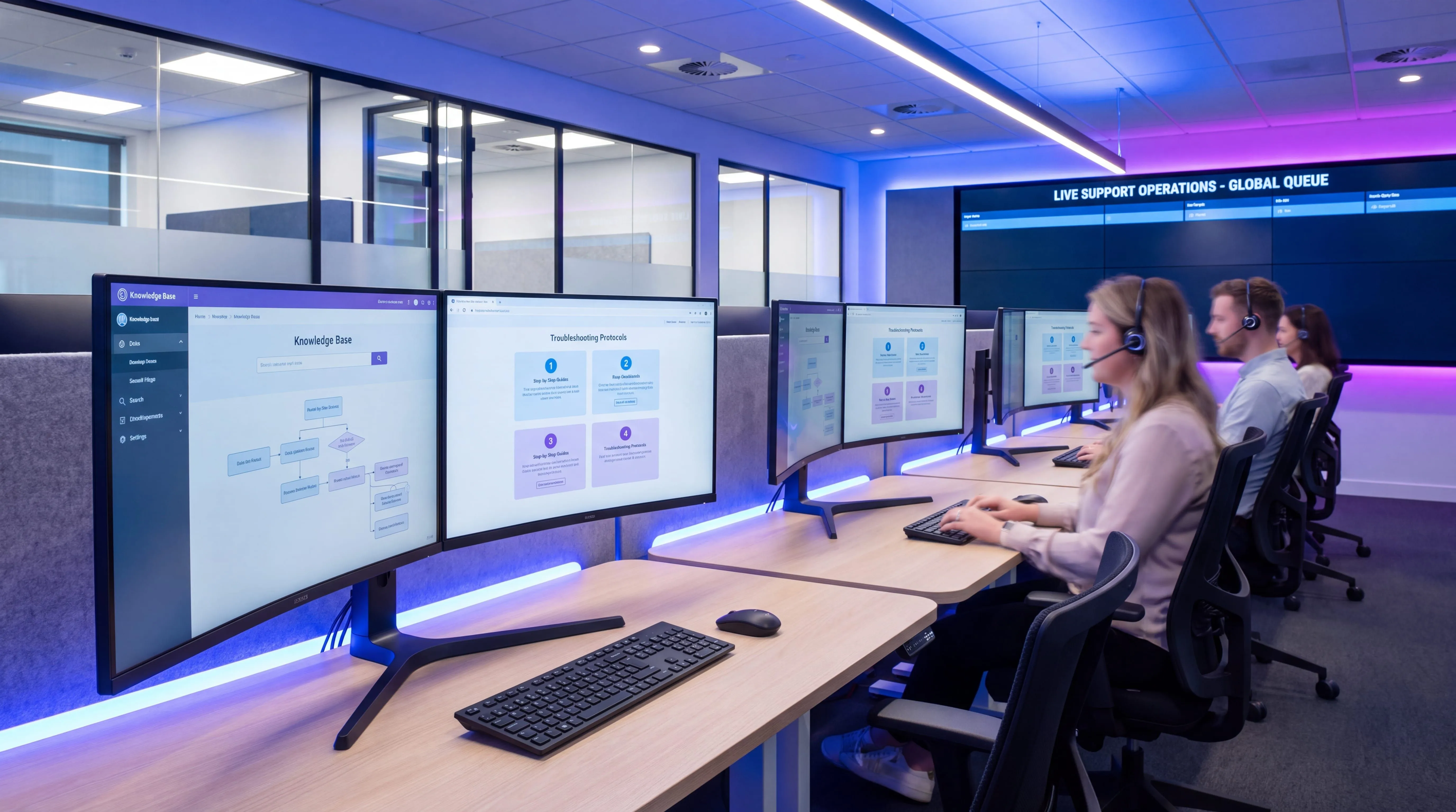 Call center agents using knowledge management tools and knowledge base software on multiple screens
