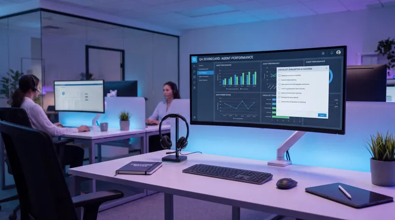 Call center quality assurance checklist and QA scorecard on a monitor above a support agent workstation