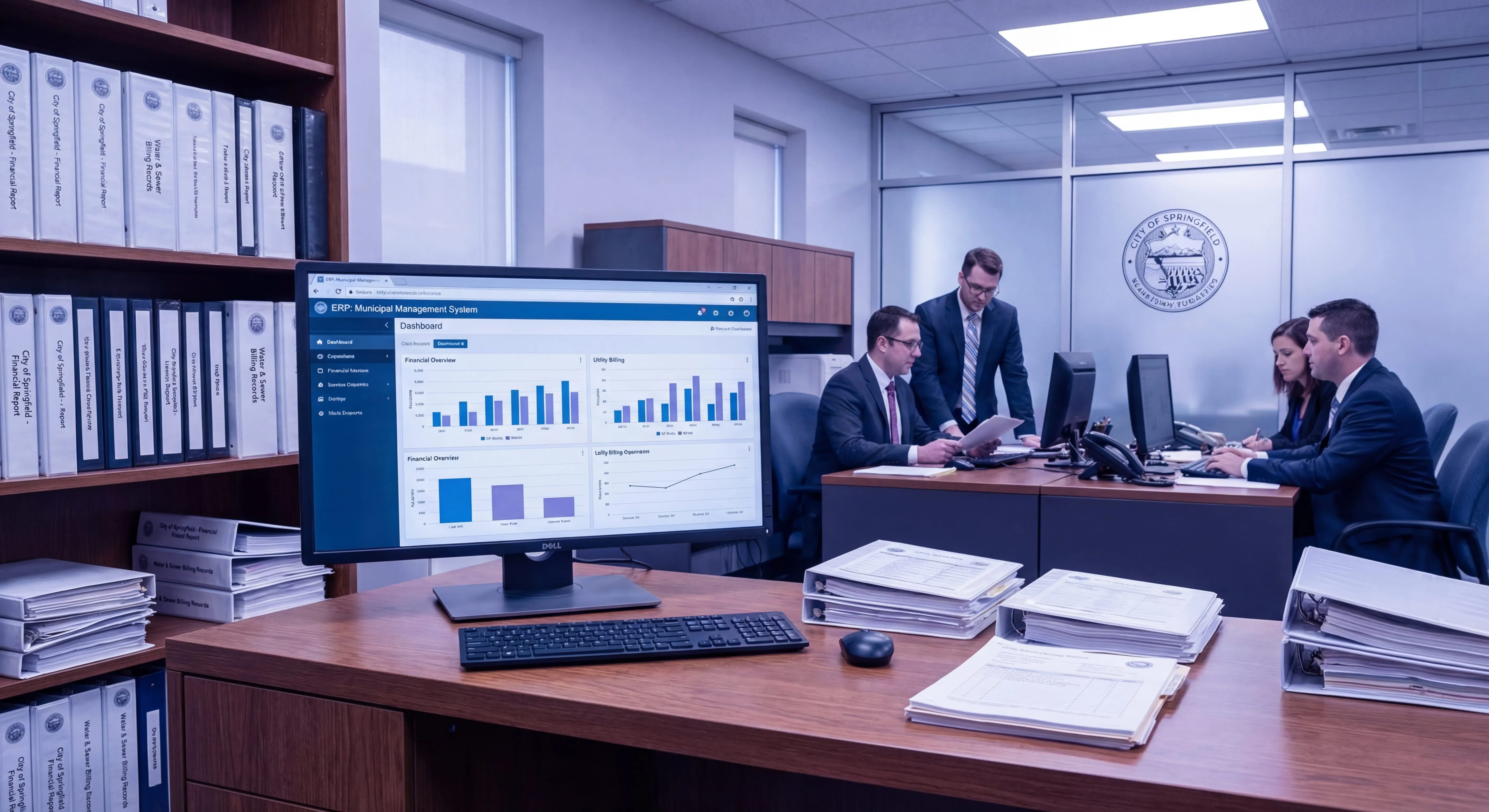 Municipal government office with Caselle Connect ERP software on screen and financial documents