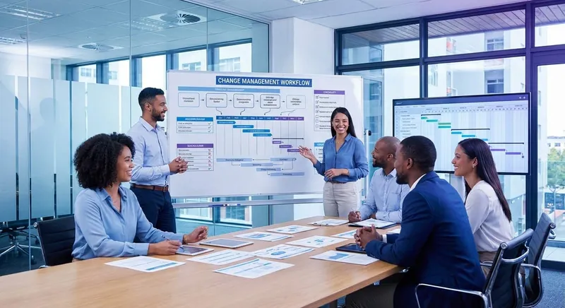 Team collaborating around process diagrams and documents in conference room for change management