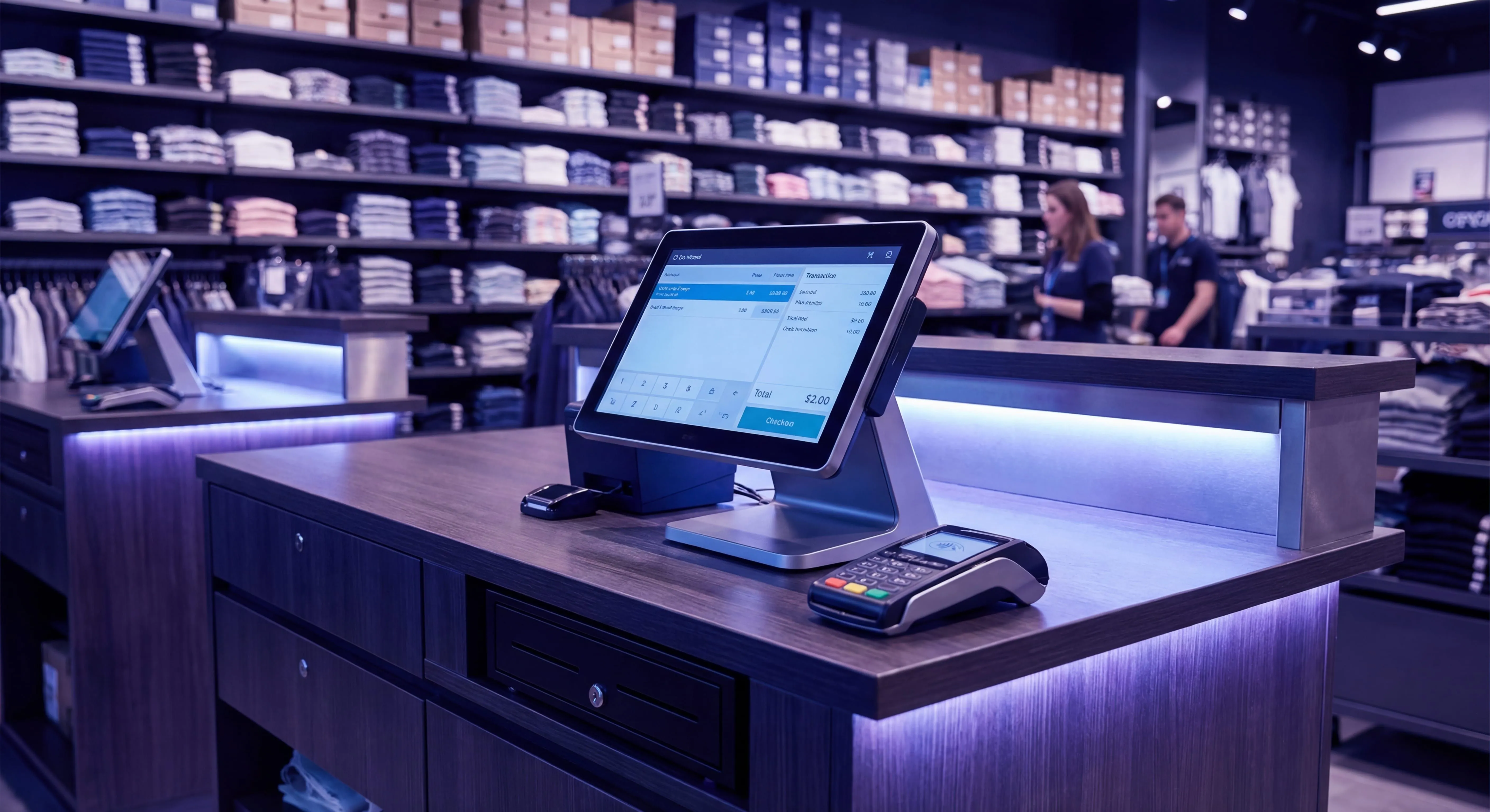 Retail counter with Clover POS terminal and payment system in a modern store environment