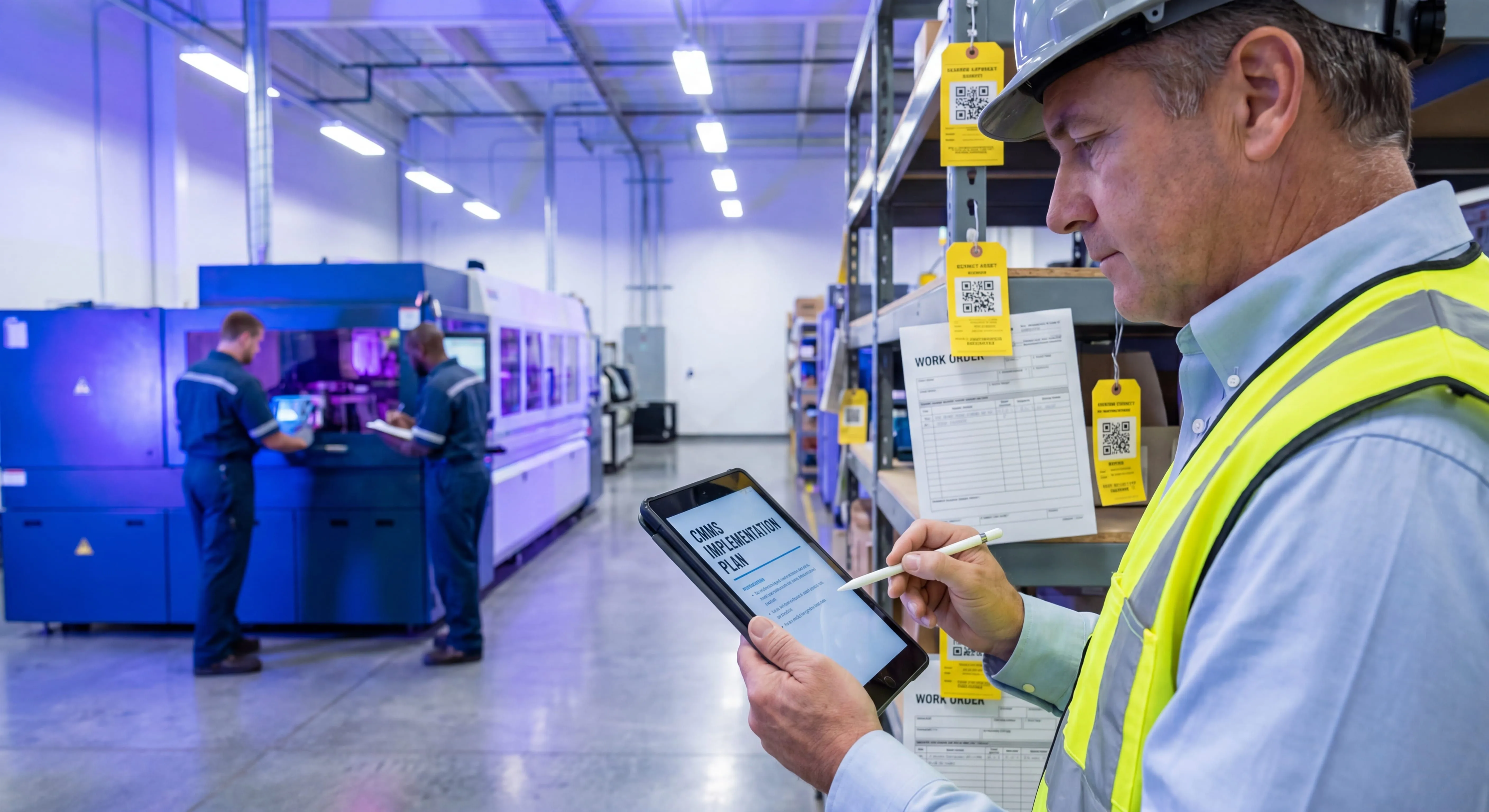 Maintenance manager planning a CMMS implementation on a tablet in an industrial plant