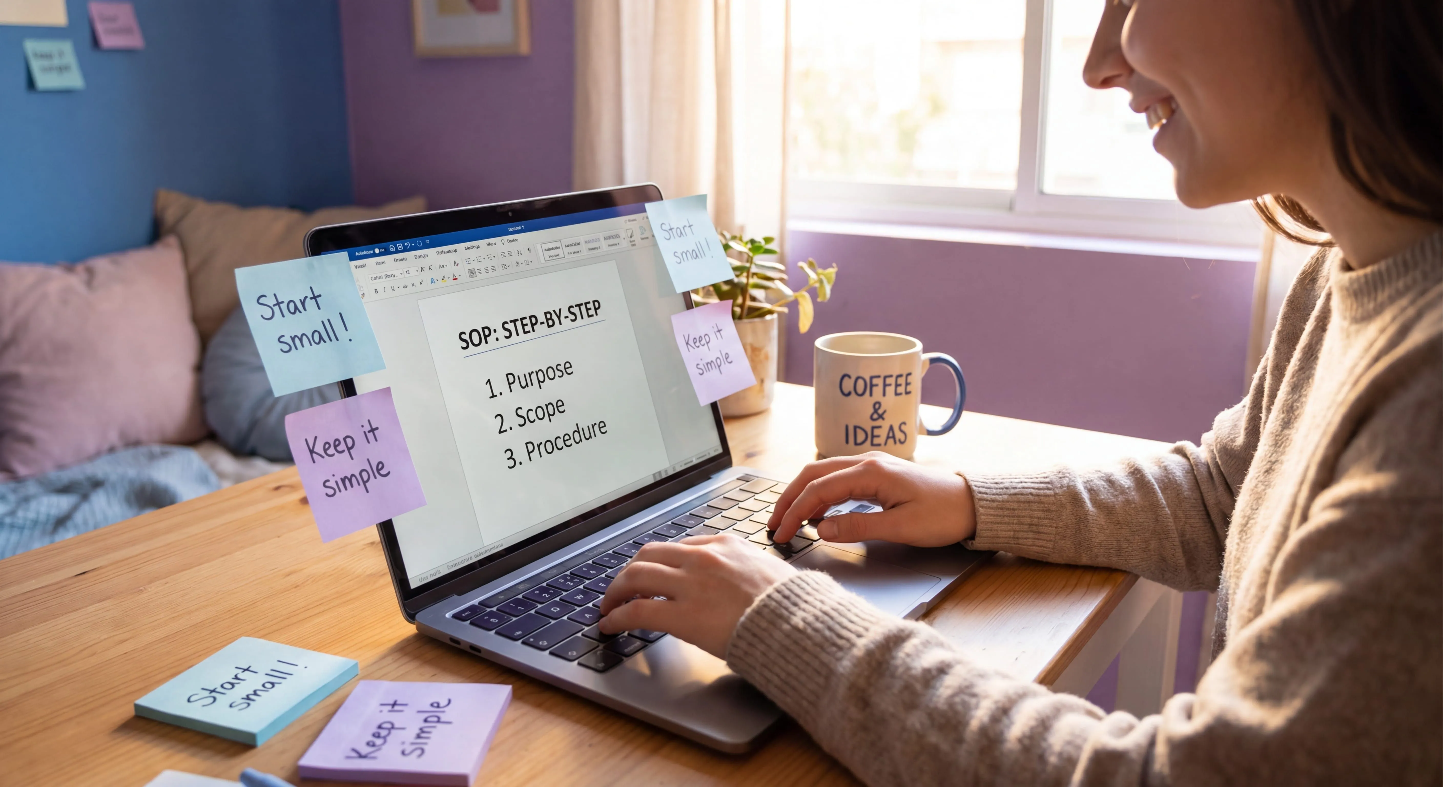 Beginner creating their first SOP on a laptop with step-by-step checklist on screen, sticky notes, and coffee at a tidy desk