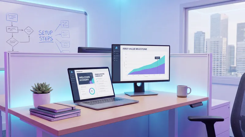 Customer onboarding process workflow on a laptop showing a welcome kickoff, setup checklist, and first-value milestone for a new customer account