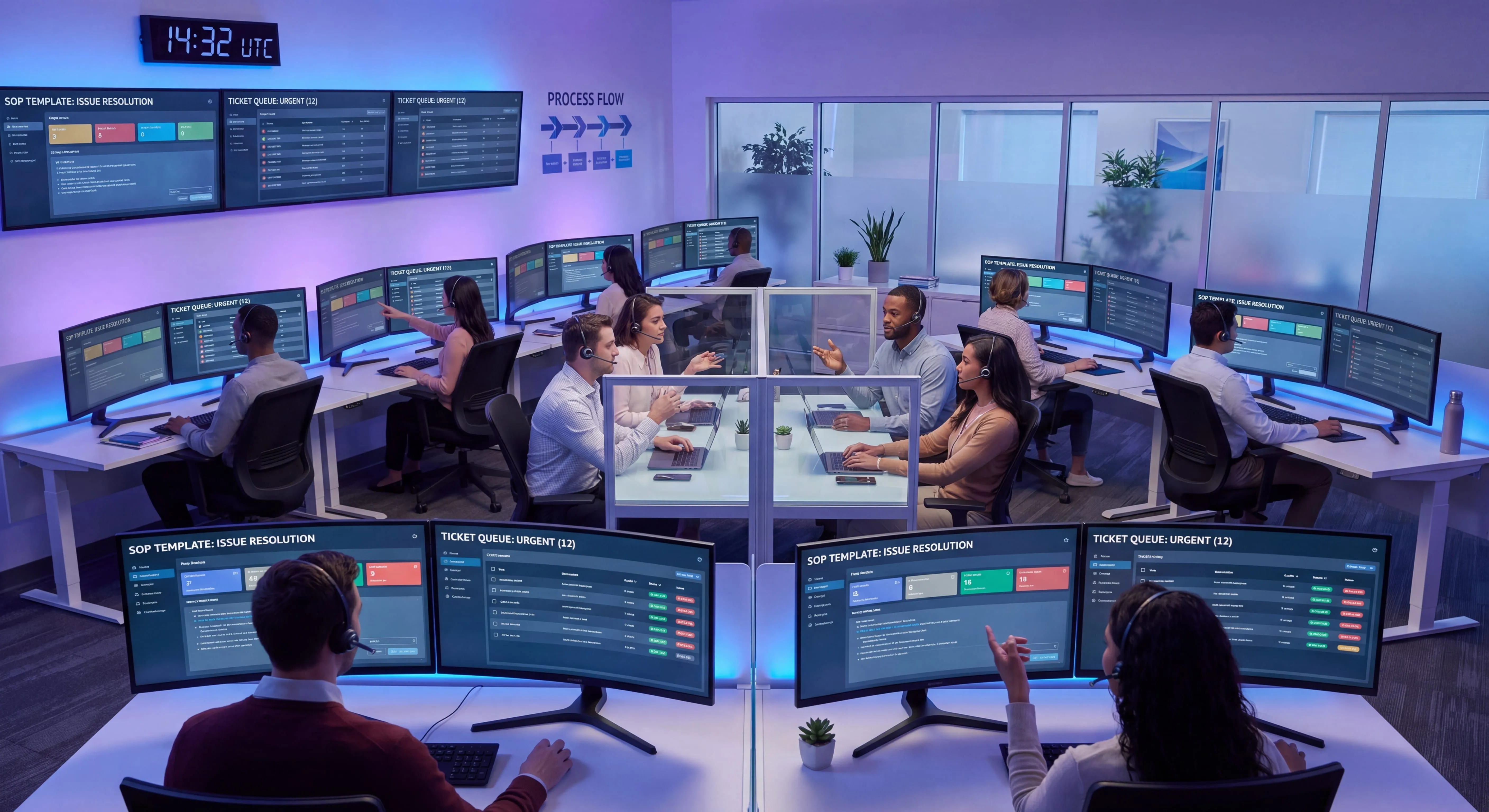 Customer service SOP templates displayed on monitors in a modern support team workspace