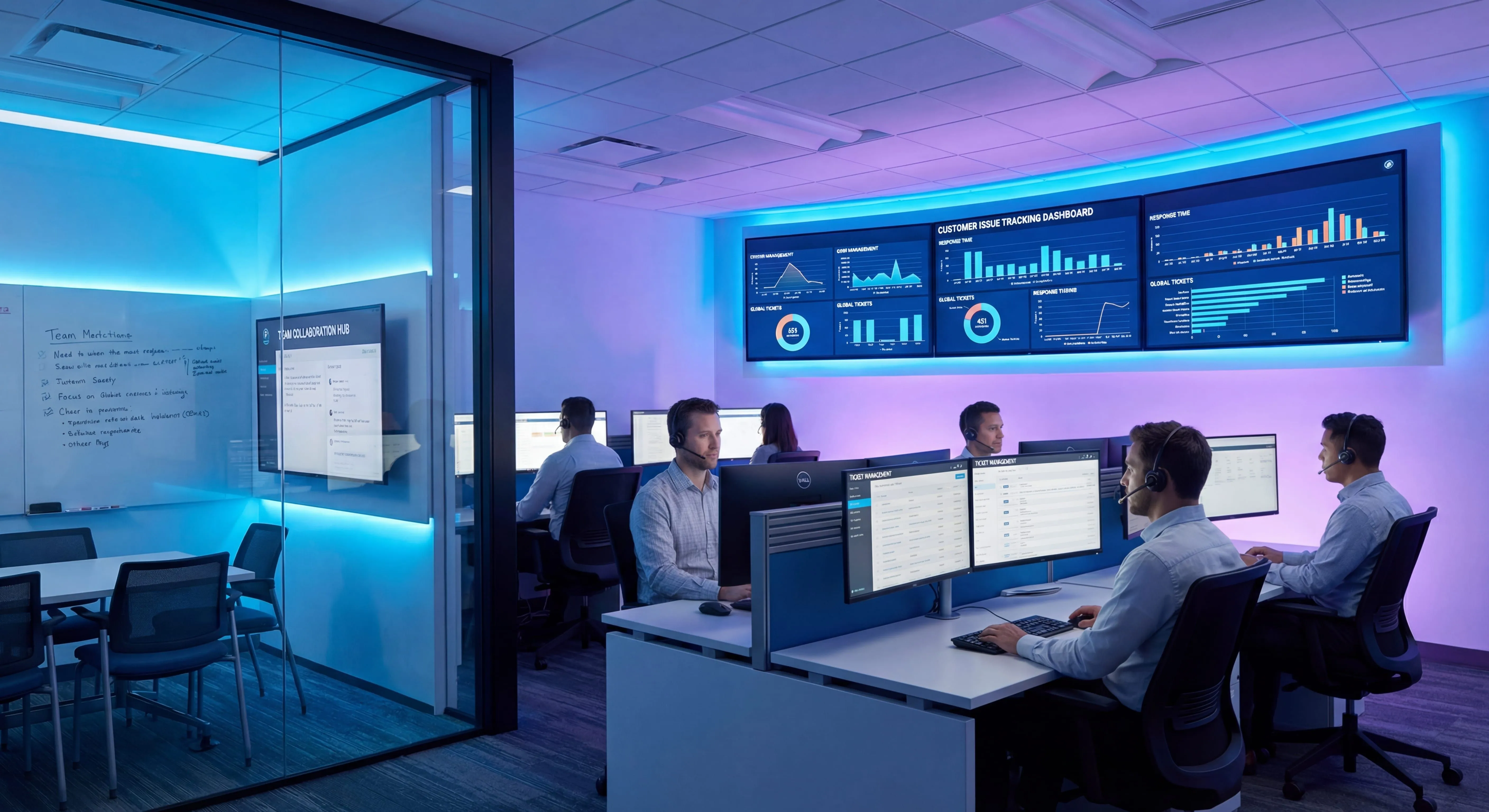 Issue management dashboard with tracking workflows on screens in a team operations workspace