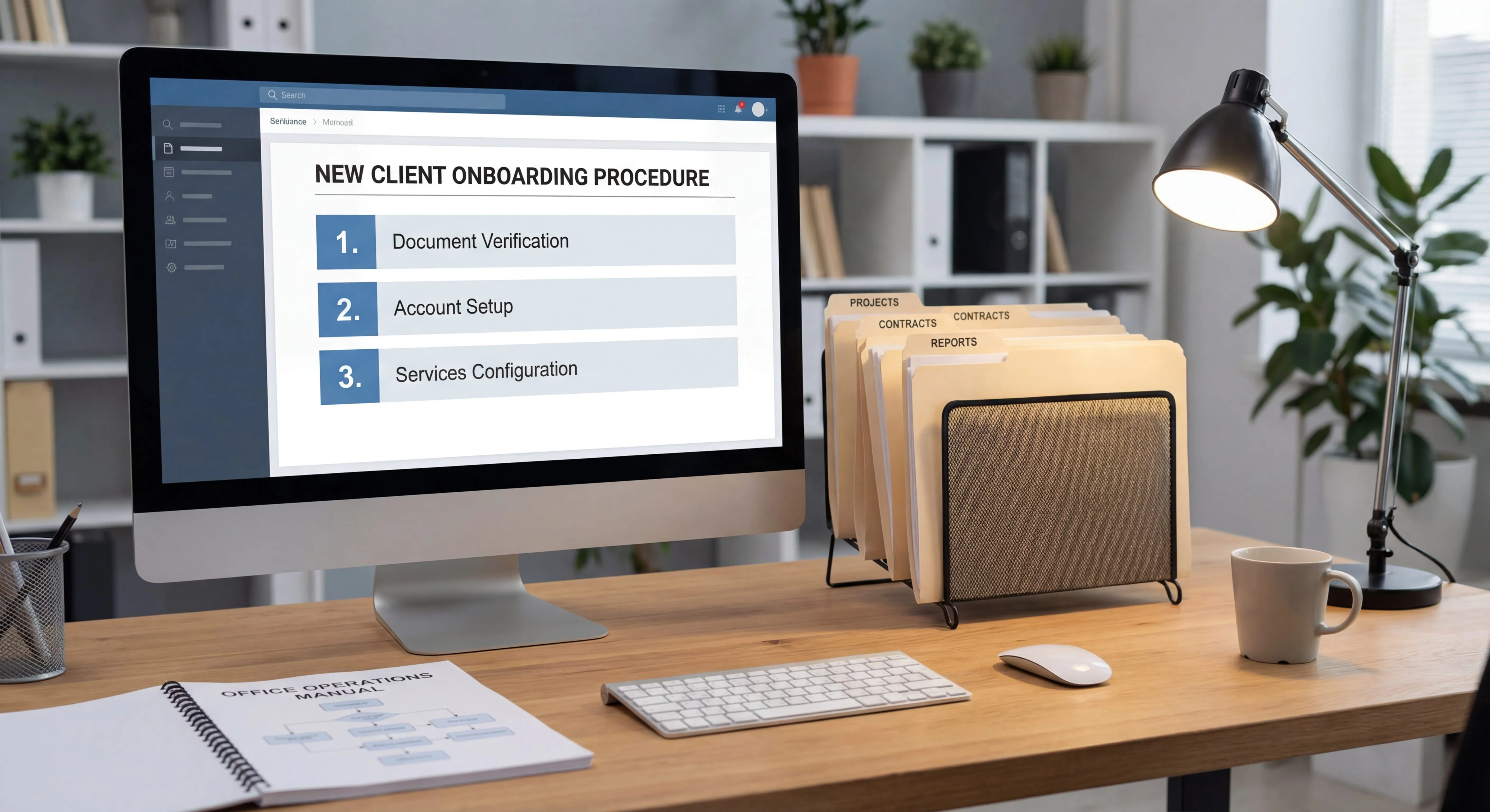 Desktop procedure guide showing computer-based task documentation on workstation