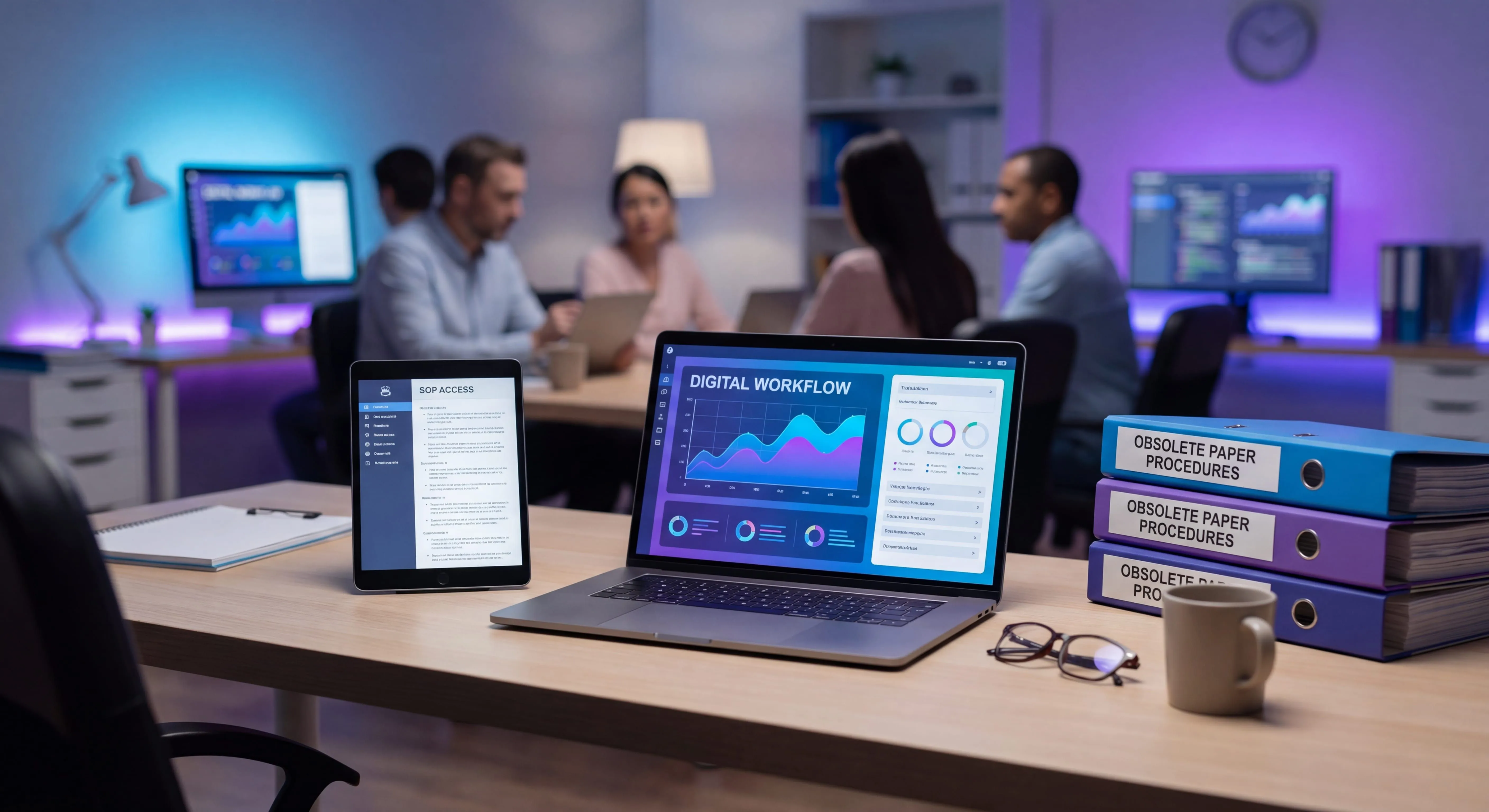 Digital SOPs replacing paper binders with living online documentation on laptop and tablet