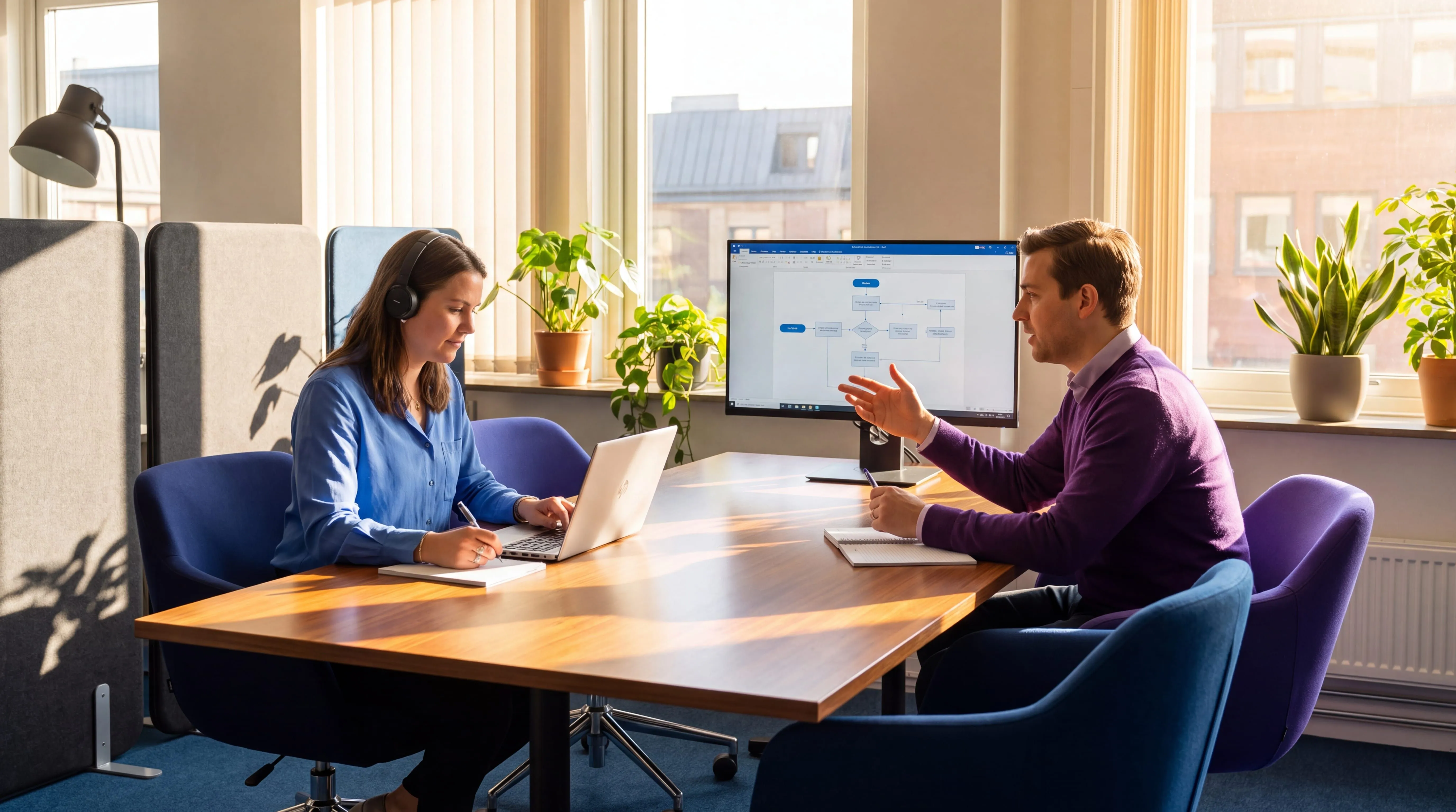 Colleague taking notes while an expert explains a workflow chart on screen, documenting a process someone else does