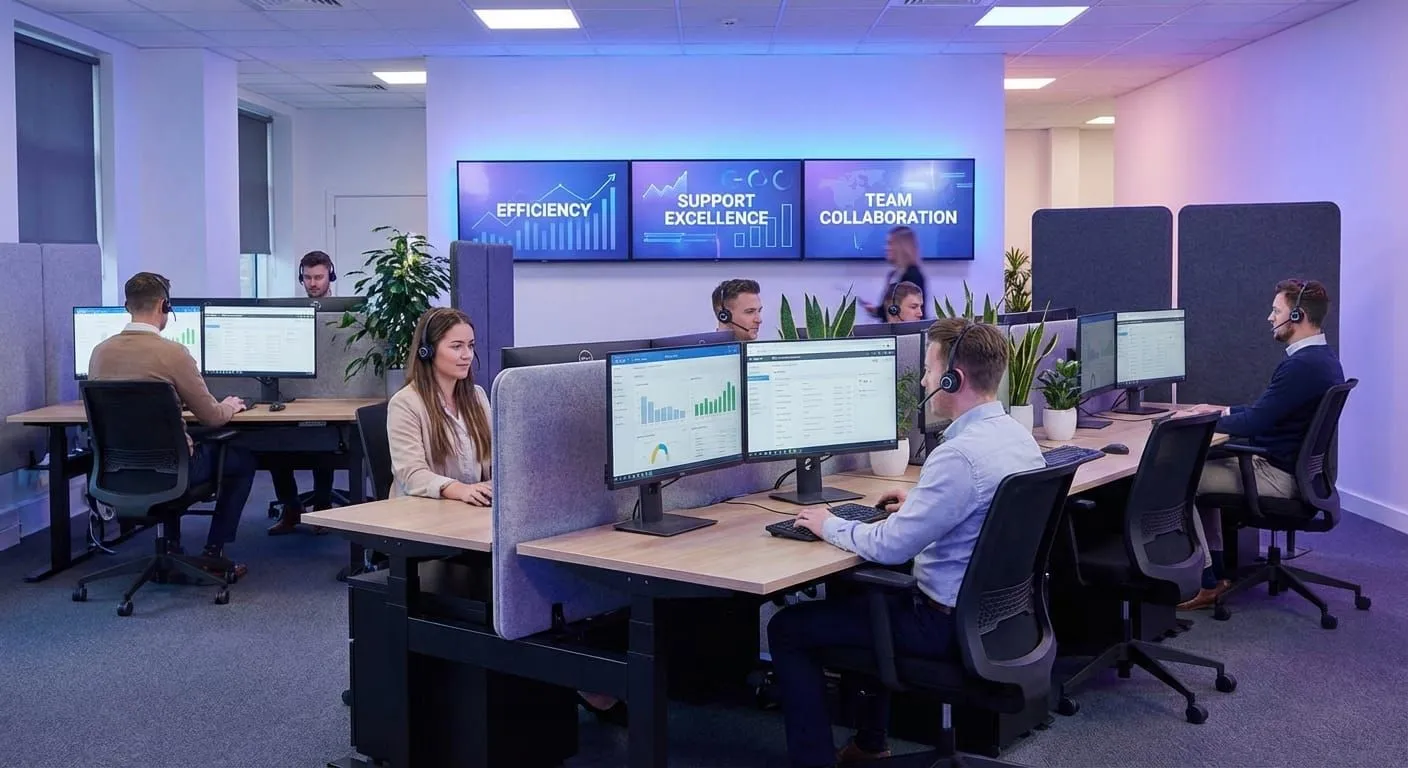 Customer service team at help desk with headsets reviewing support documentation in modern office