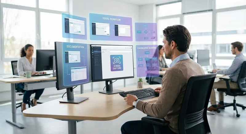 Professional documenting processes at computer with screen recording and visual workflow steps