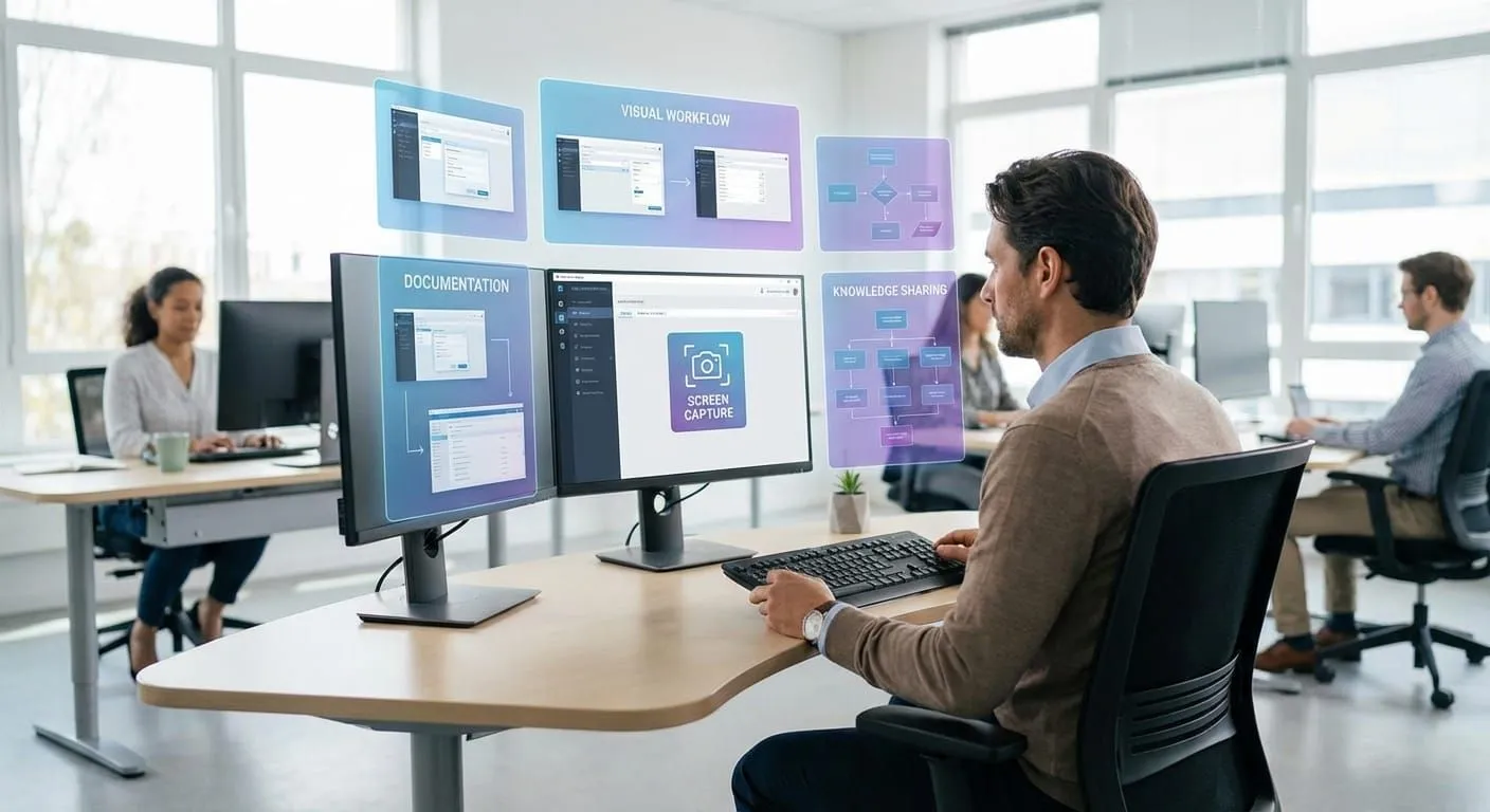 Professional documenting processes at computer with screen recording and visual workflow steps