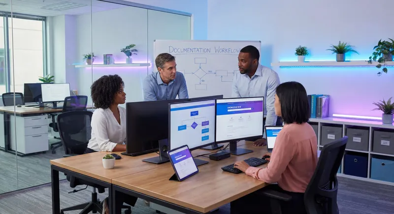 Professional team collaborating on documentation culture with process guides displayed on multiple screens