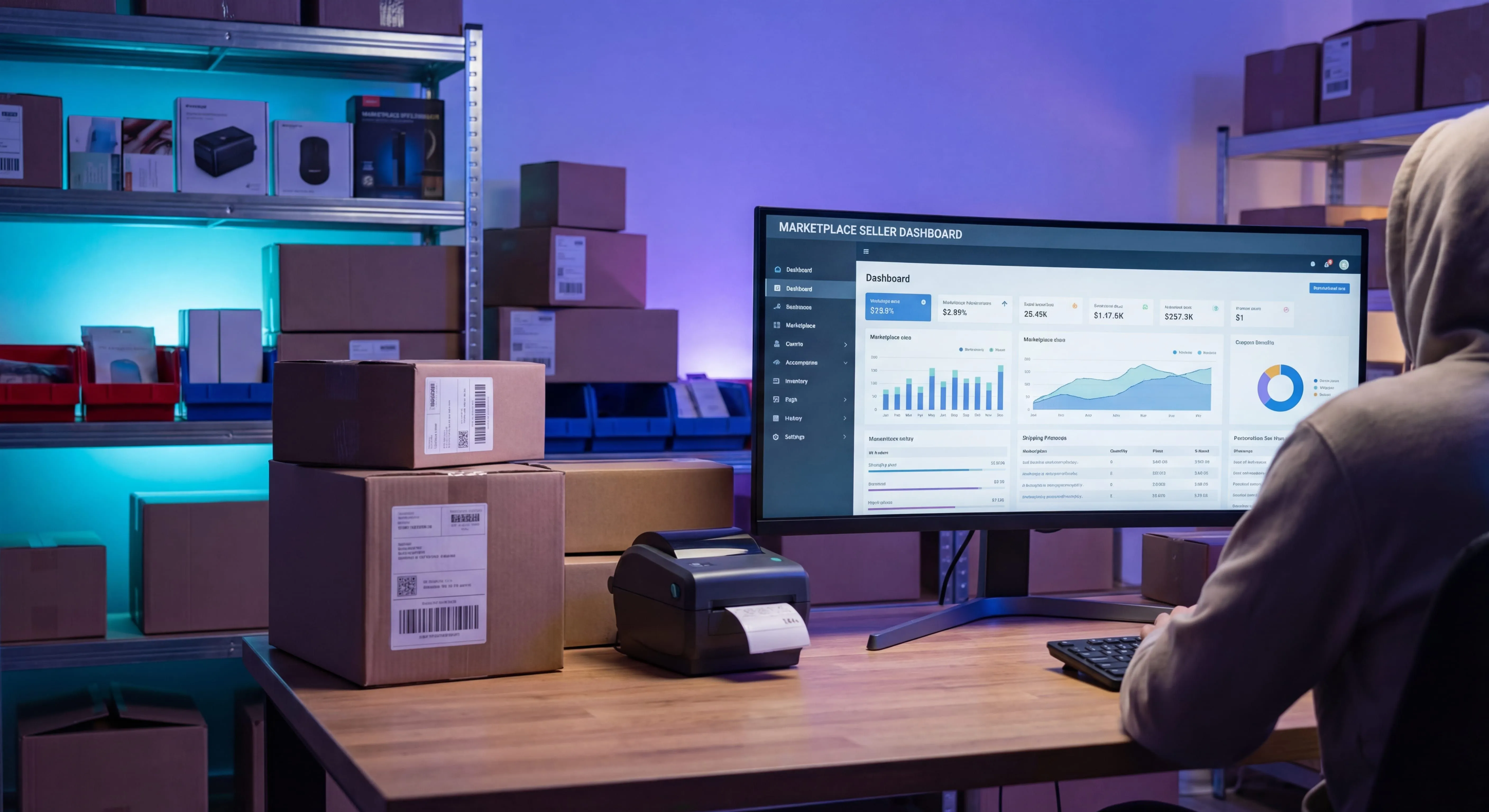 eBay seller dashboard on monitor with shipping packages and product inventory in e-commerce workspace