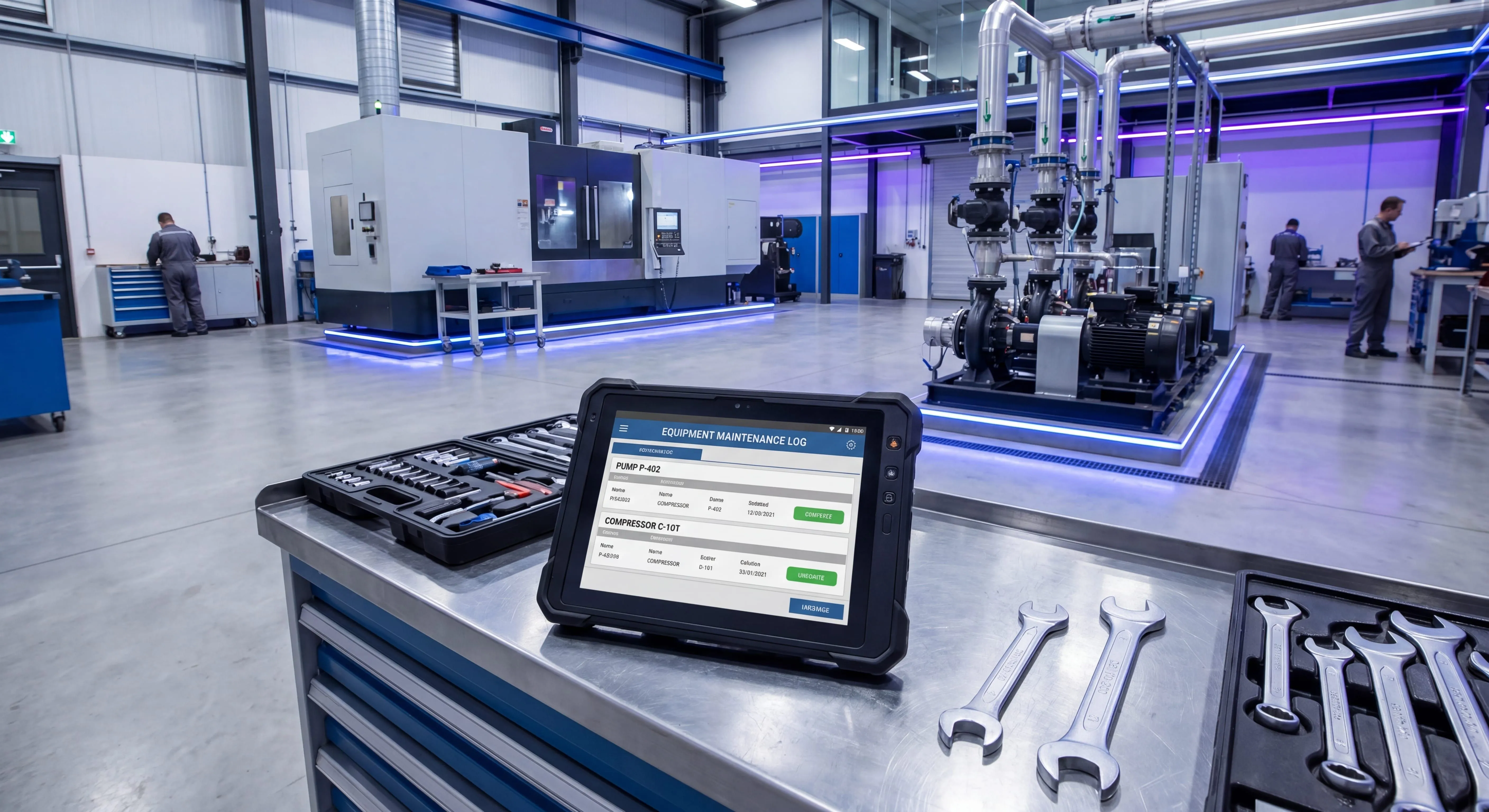 Equipment maintenance log on a tablet next to industrial machinery in a maintenance workshop