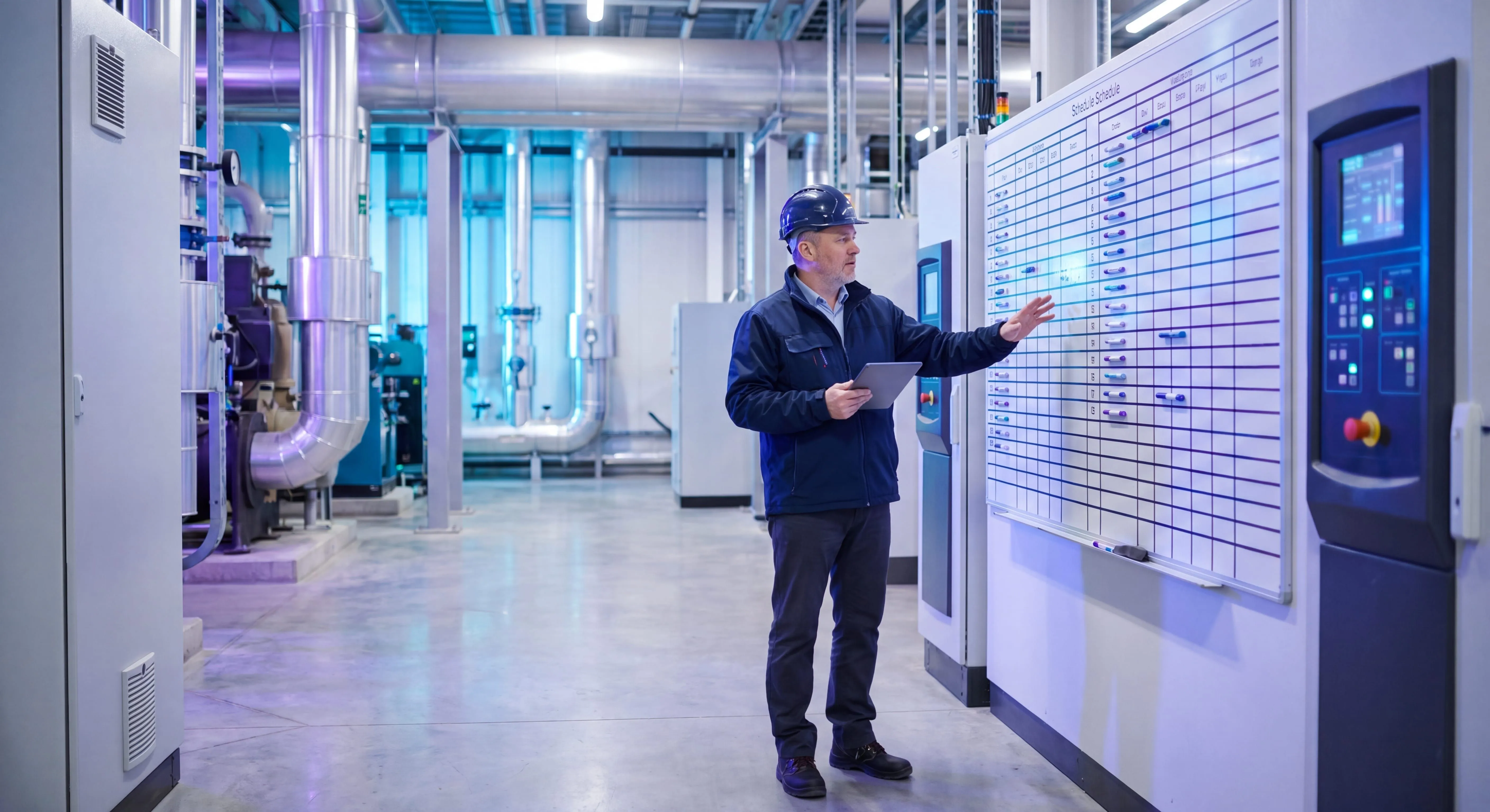 Maintenance manager building an equipment maintenance plan with an asset list and schedule on a facility floor