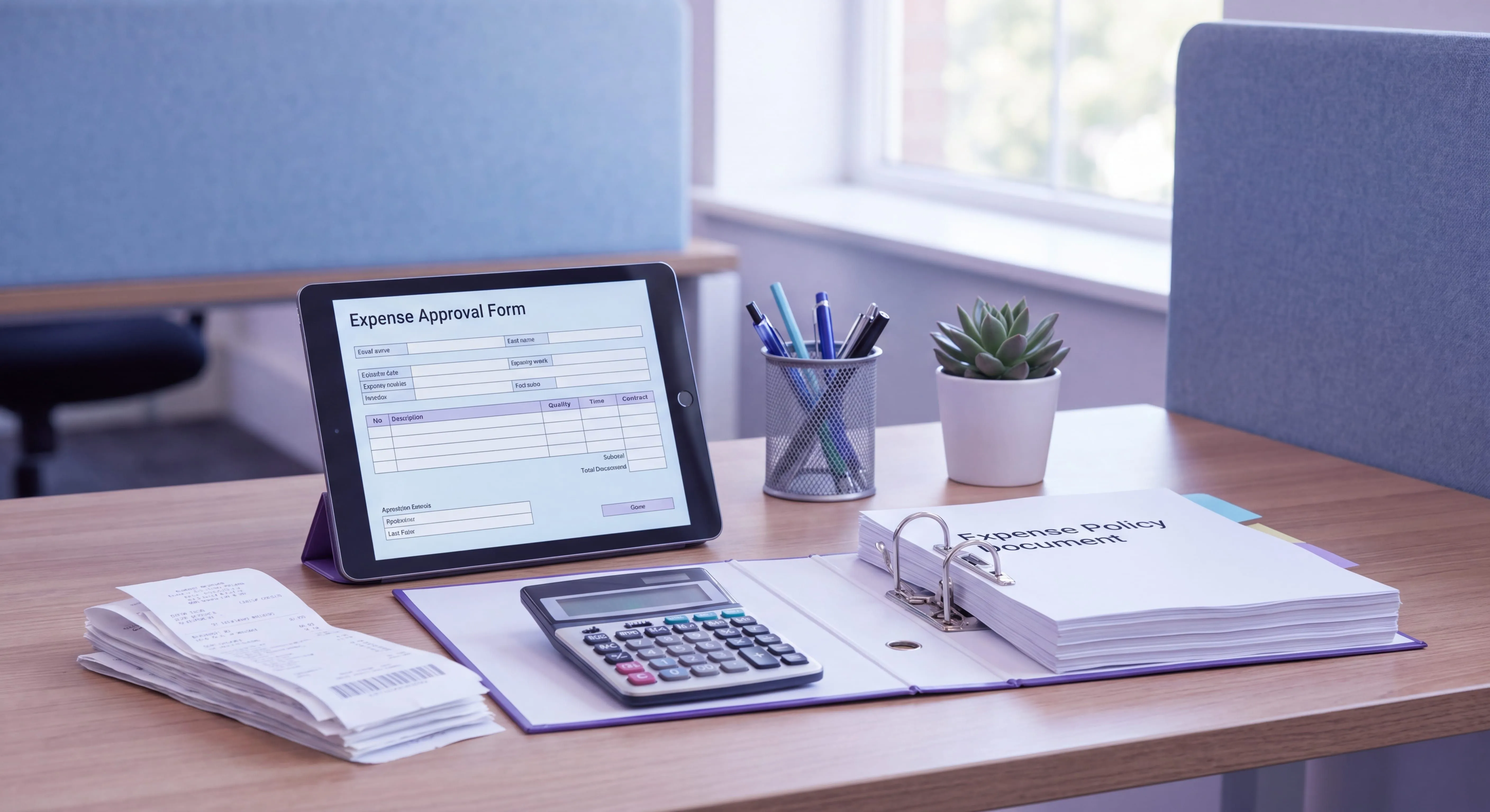 Expense reimbursement policy workspace with receipts, an approval form, and a calculator on a finance desk