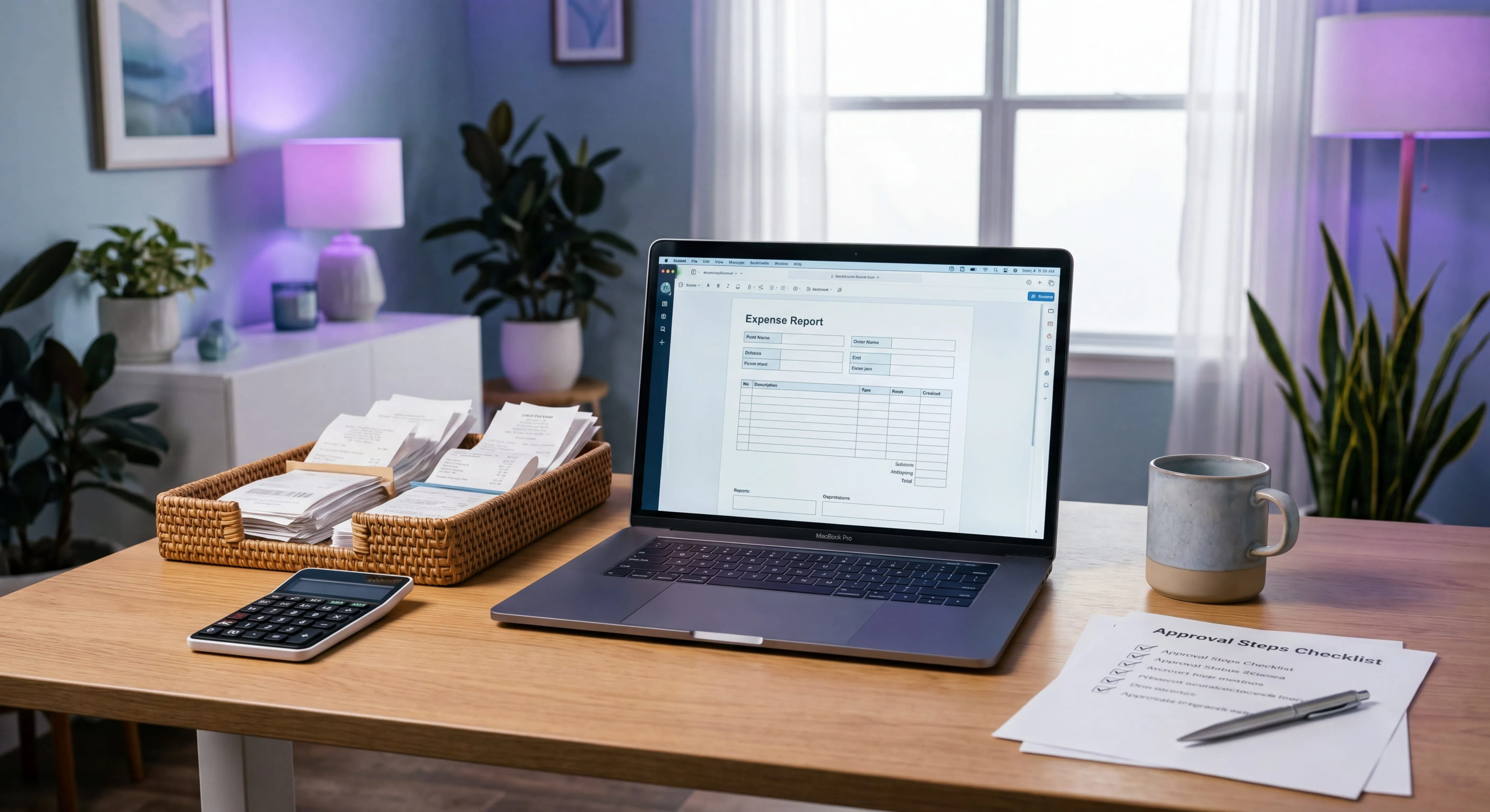 Expense report process workspace with receipts, a laptop showing an expense form, and an approval checklist