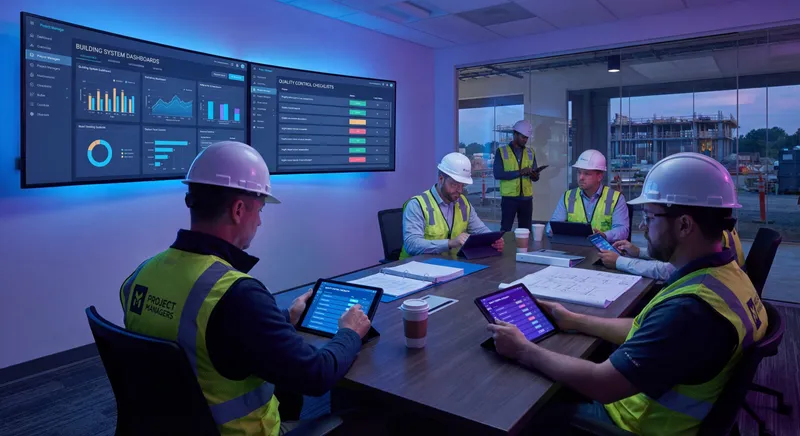 Commissioning dashboard with checklist workflows on screens in a construction operations workspace