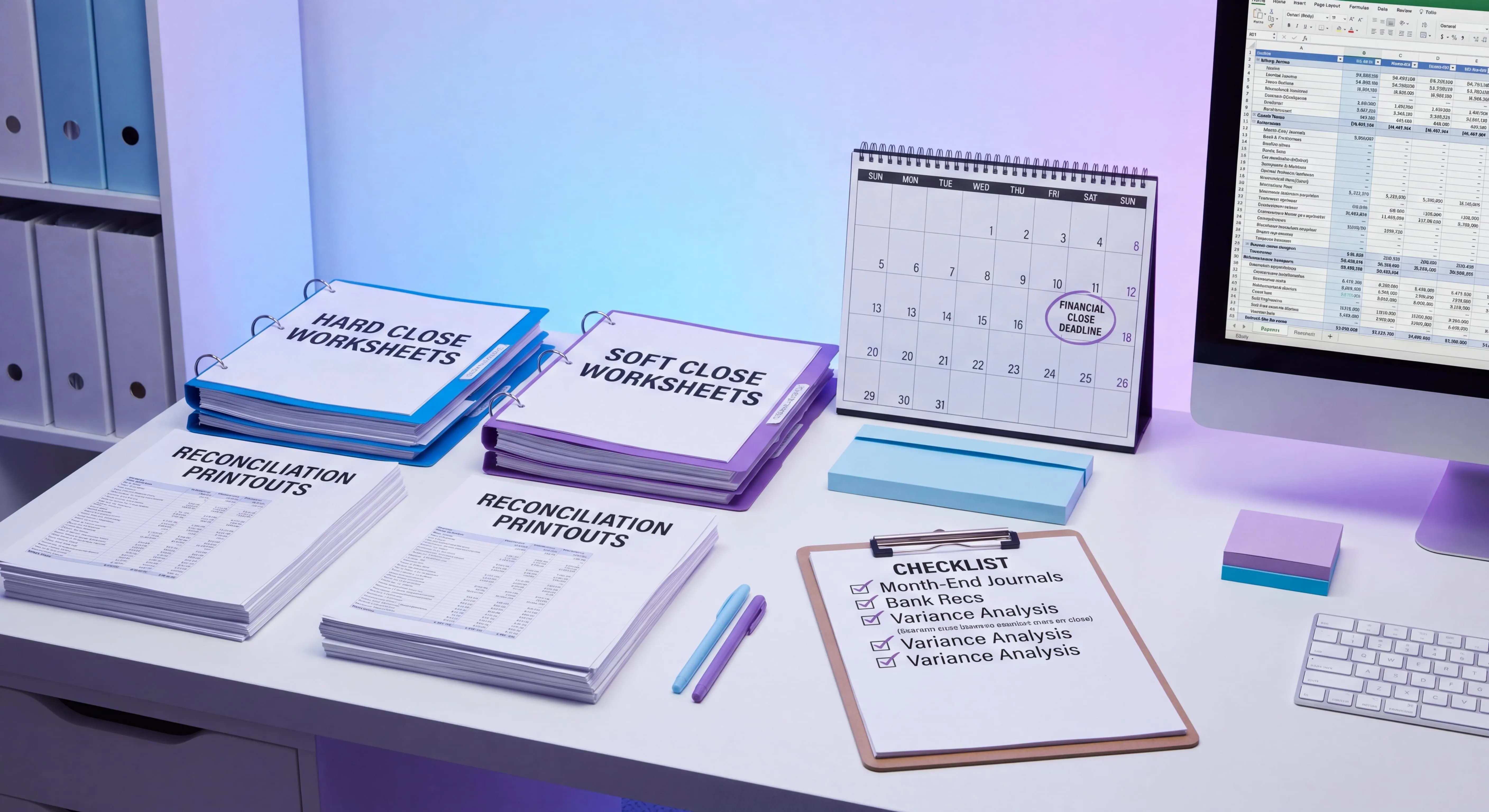 Financial close process timeline with hard close and soft close steps, reconciliations, and controls on a finance desk