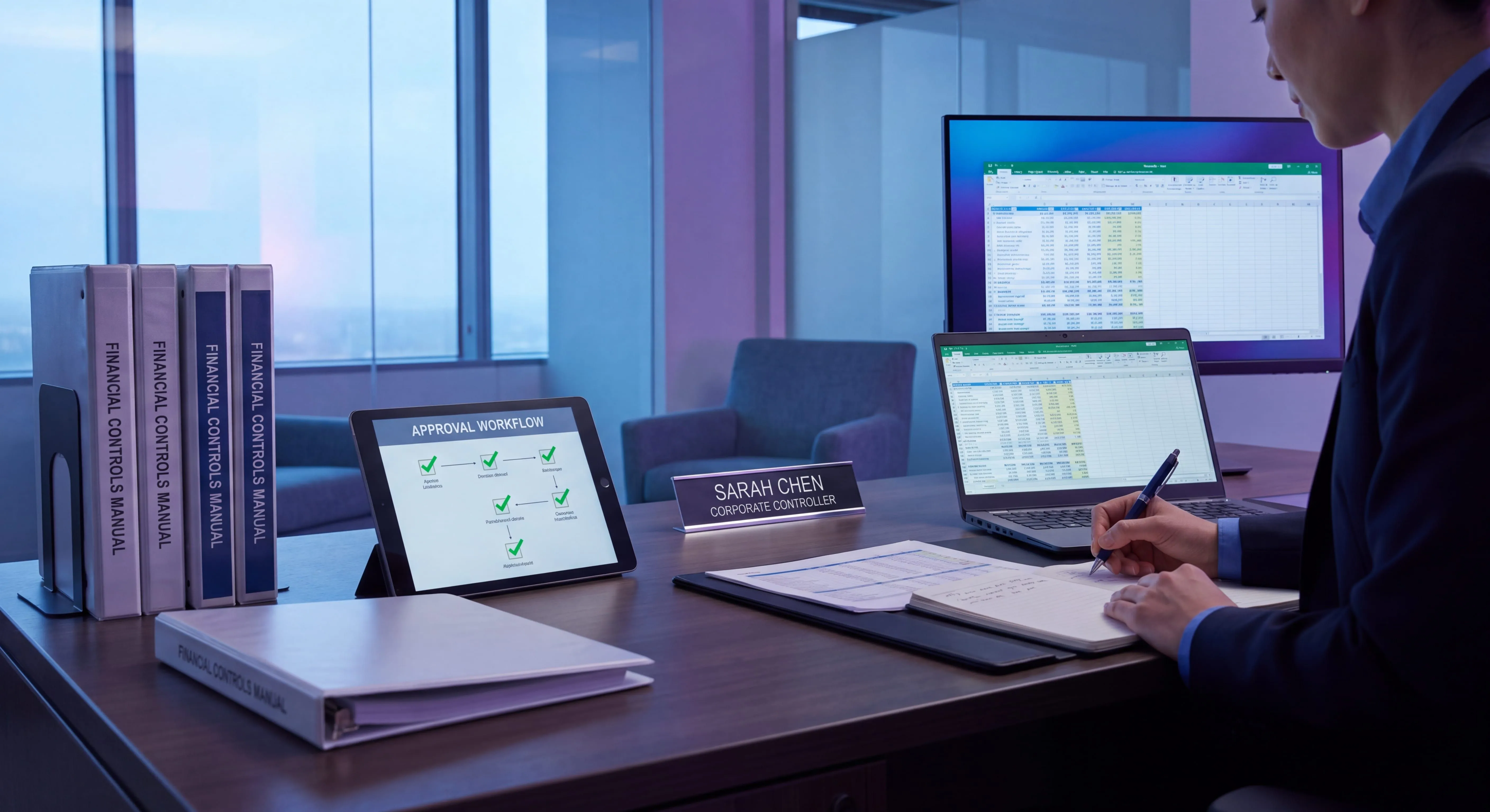Finance leader reviewing financial controls documentation with spreadsheets and approval workflows
