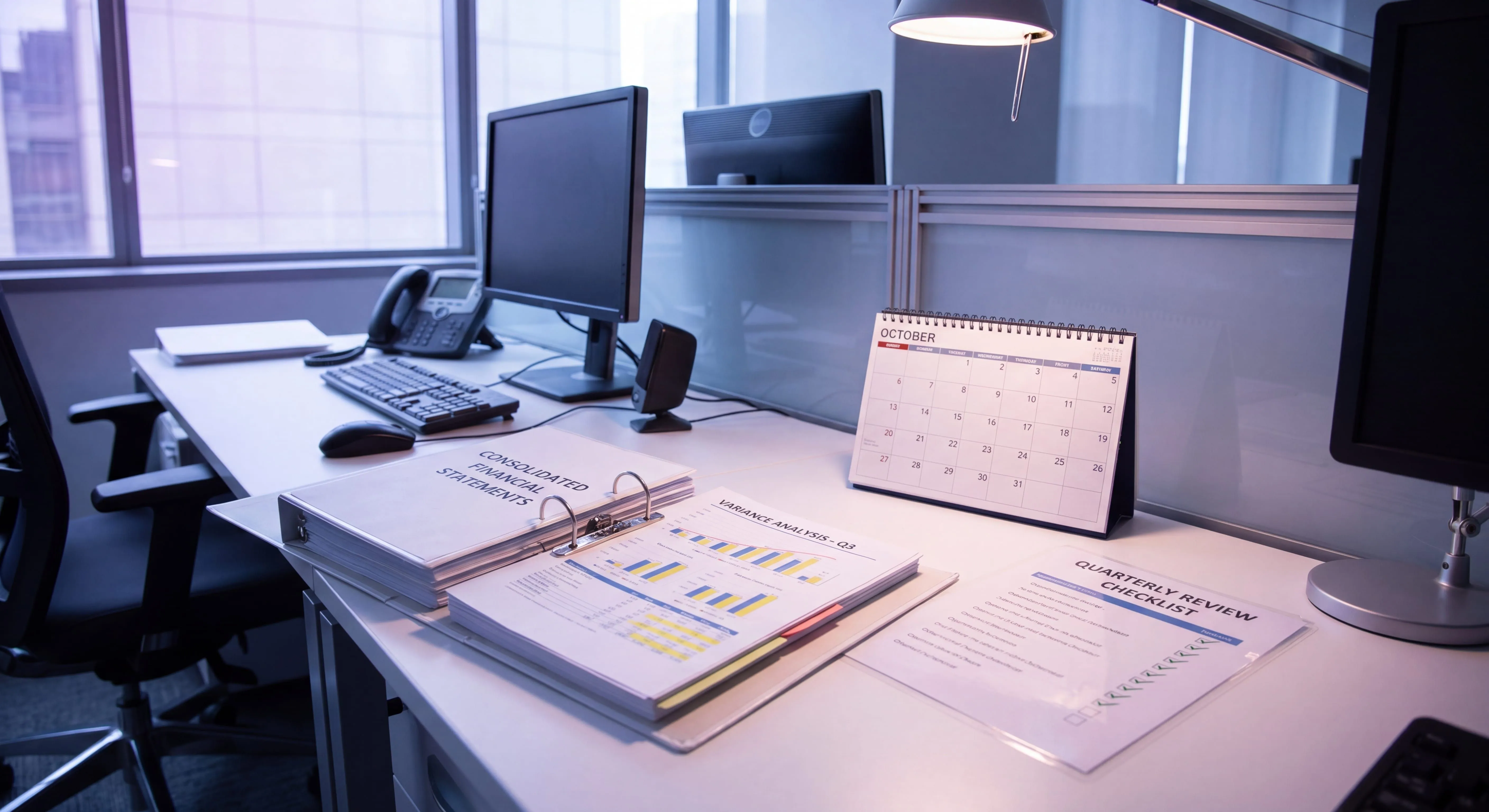 Financial reporting process steps from data collection to consolidation, statements, review, and distribution on a finance desk