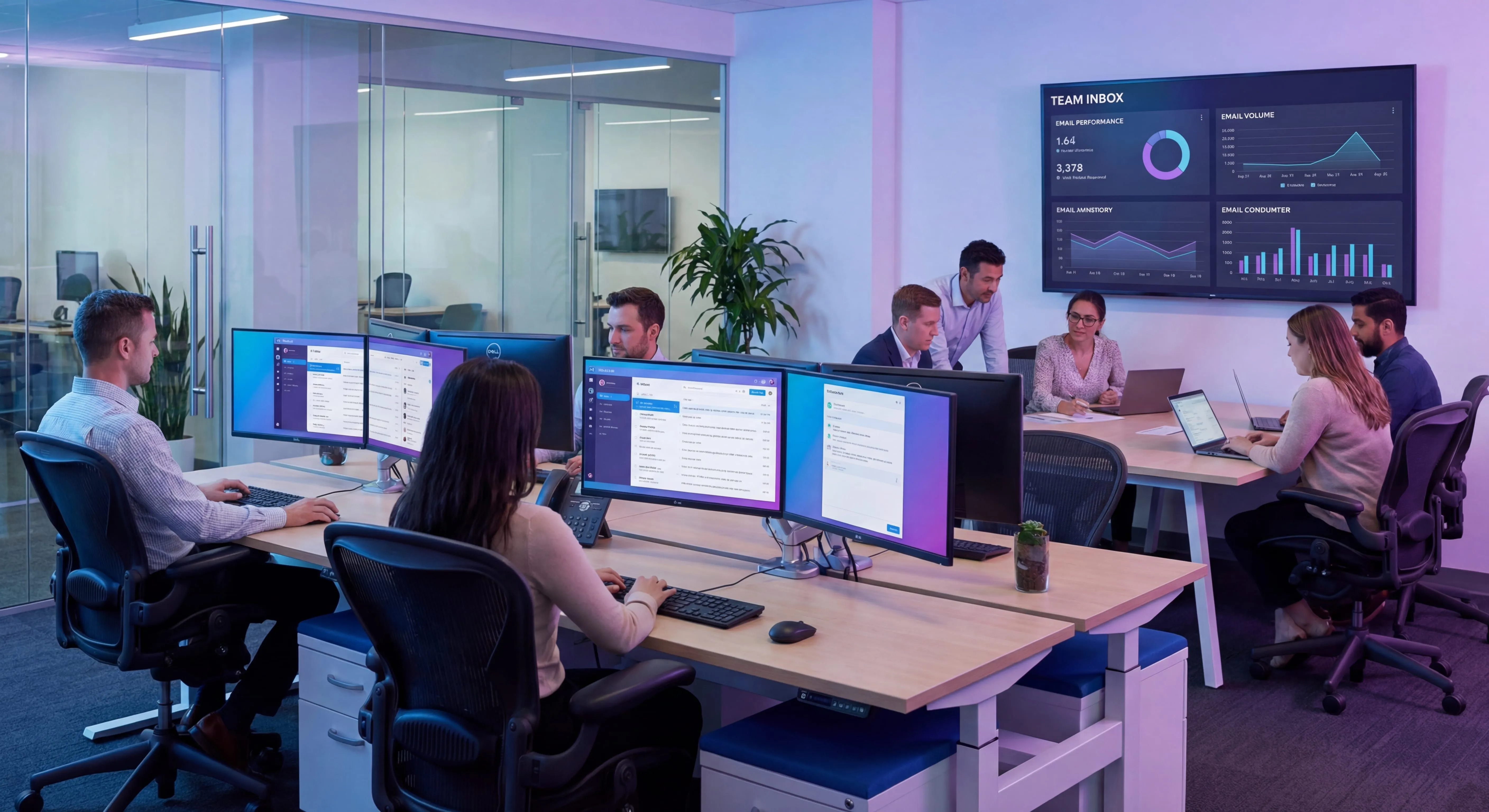 Operations team collaborating around screens showing shared inbox email management software