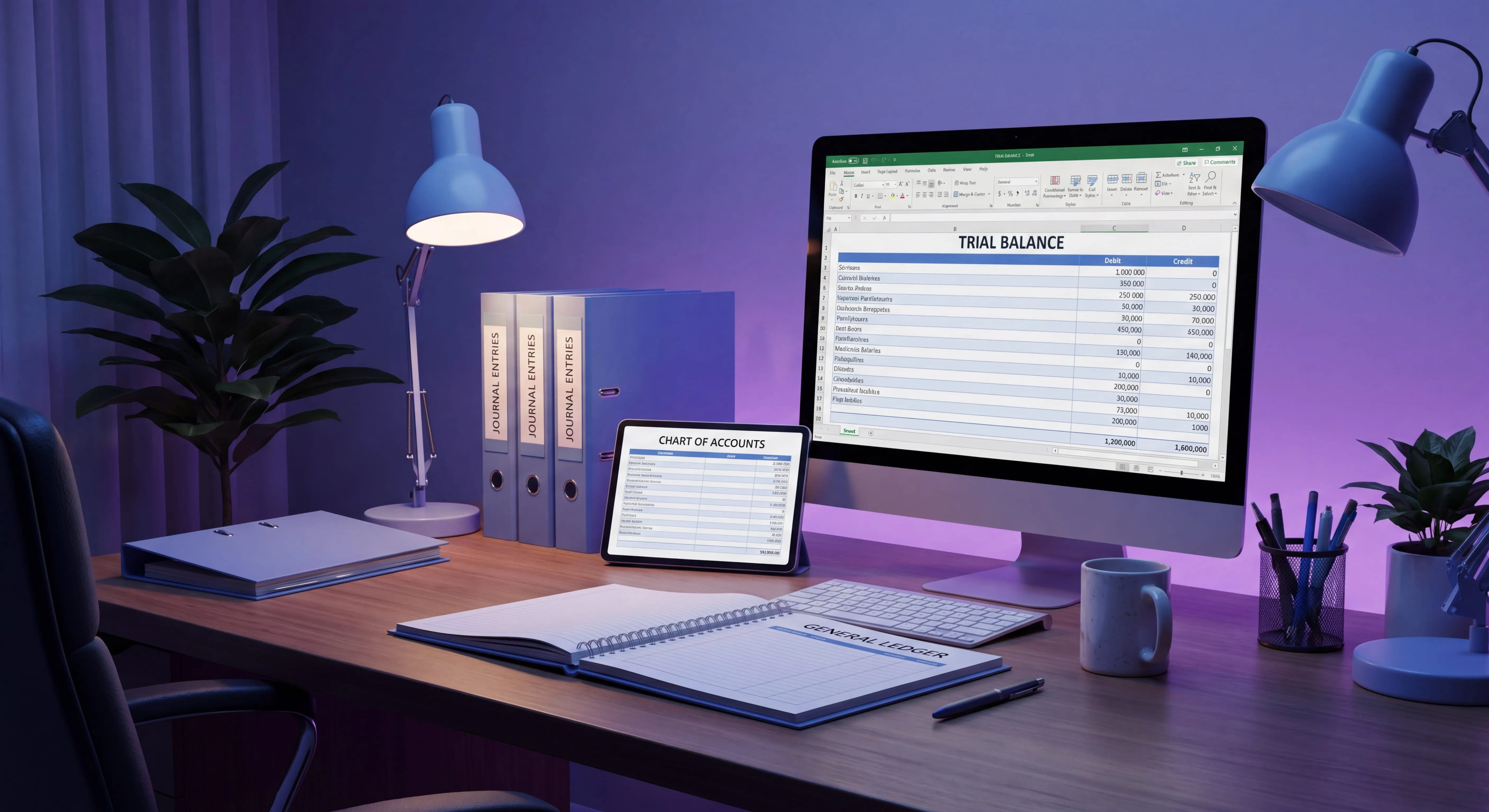 The general ledger process shown across an accounting workspace with a chart of accounts, journal entries, and a trial balance