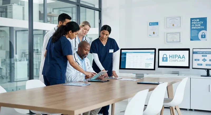 Healthcare documentation and HIPAA compliance review with medical professionals using digital systems