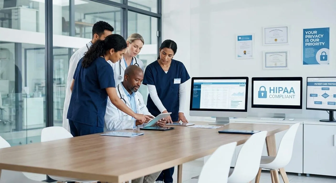 Healthcare documentation and HIPAA compliance review with medical professionals using digital systems