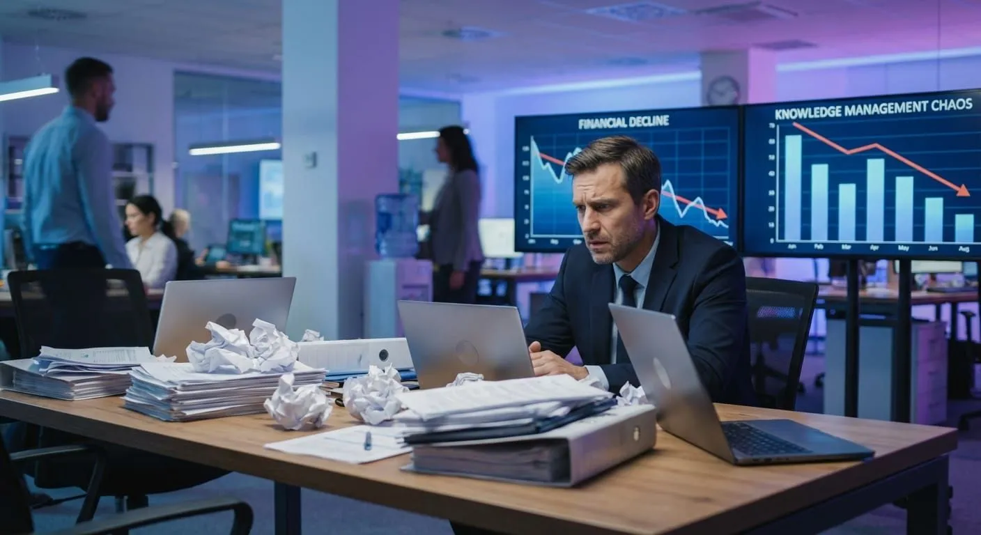 Business professional concerned by scattered undocumented processes and declining metrics in corporate office