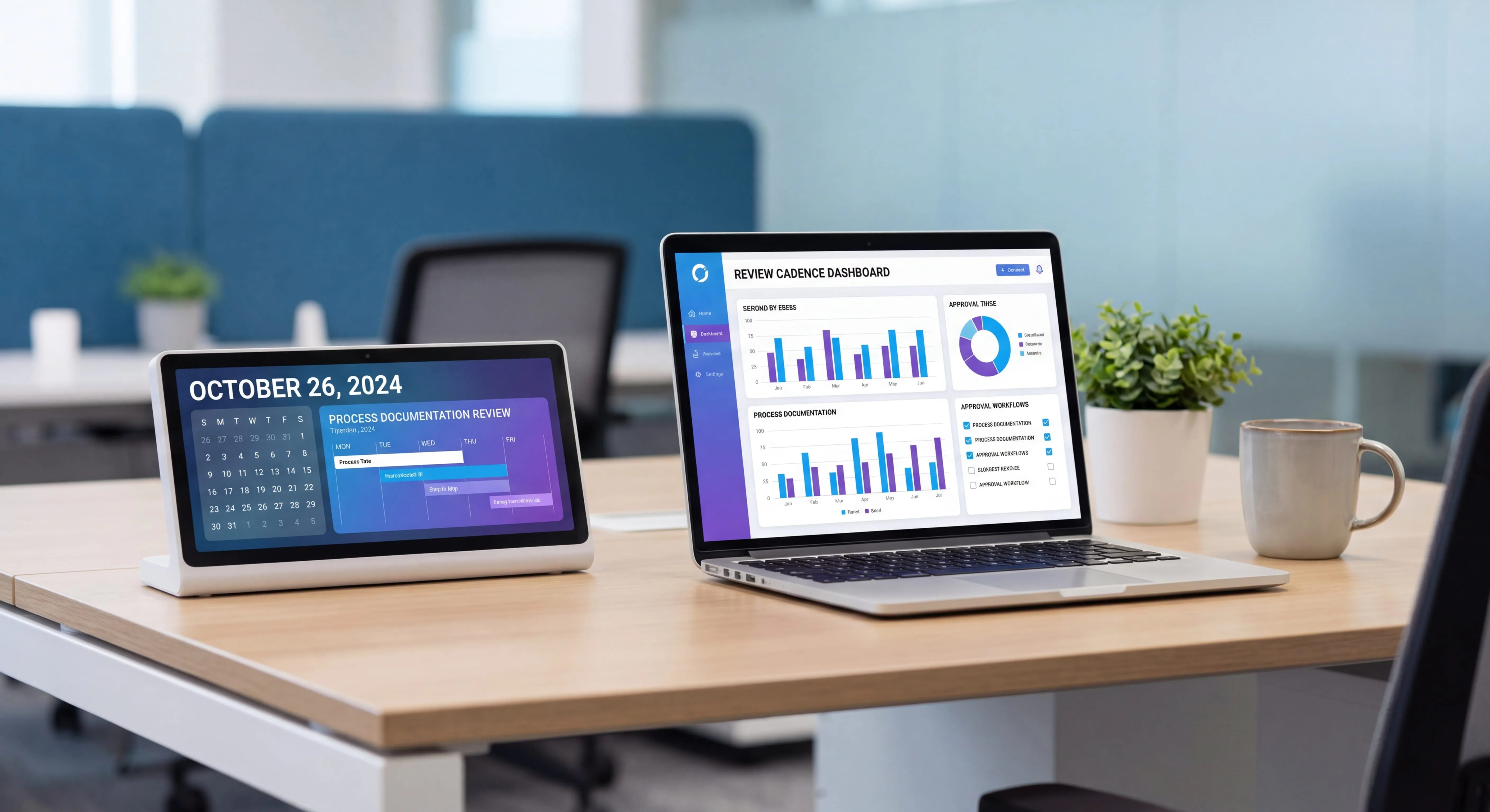 Calendar and clock on a desk next to a laptop showing an SOP review dashboard, illustrating SOP review cadence