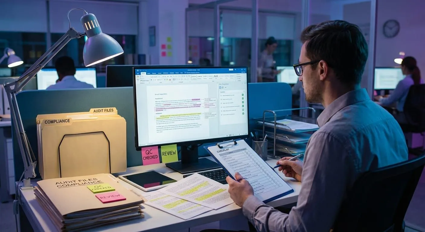 Professional reviewing documentation with checklist and quality control markers in modern office