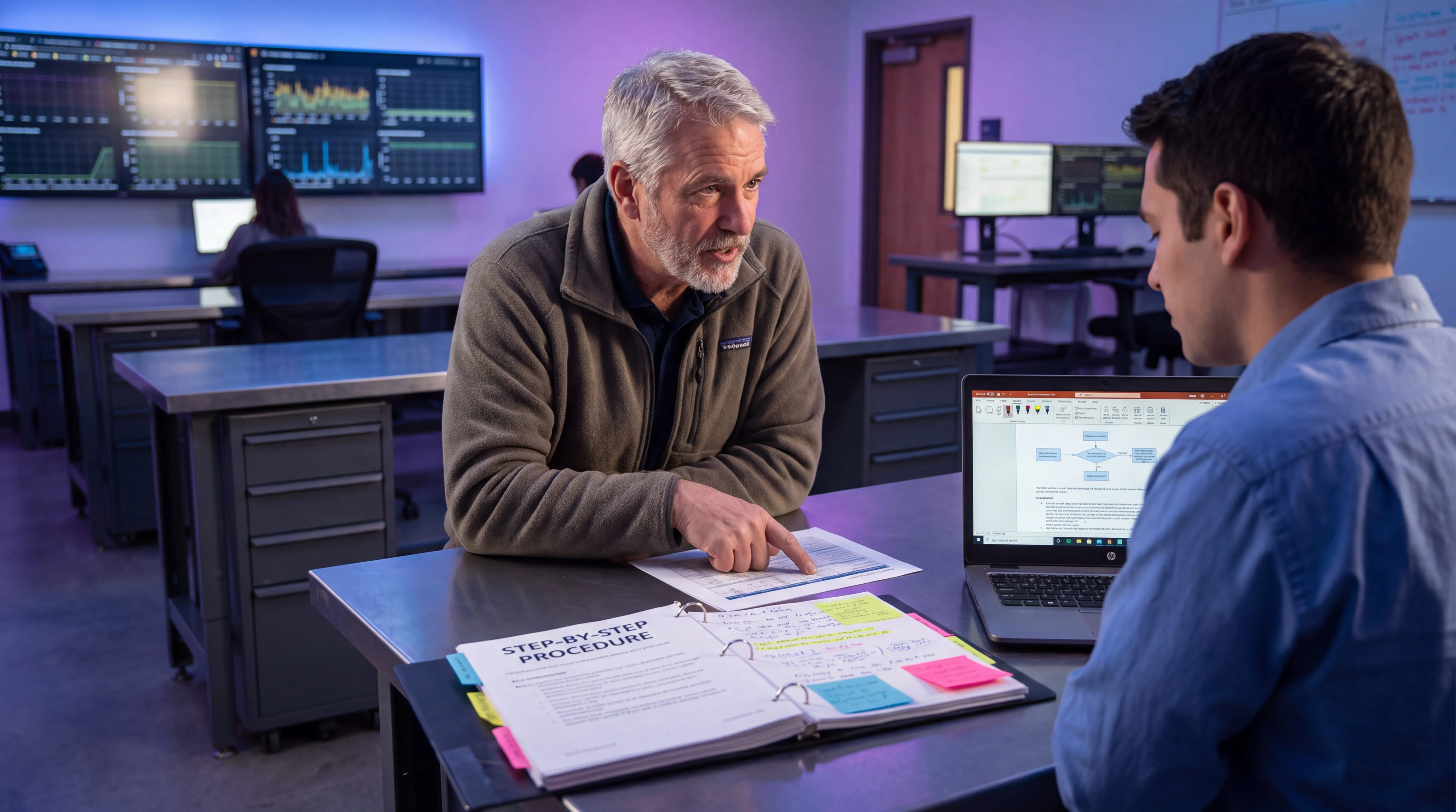 Veteran technician capturing tacit knowledge by walking a colleague through an annotated step-by-step procedure binder